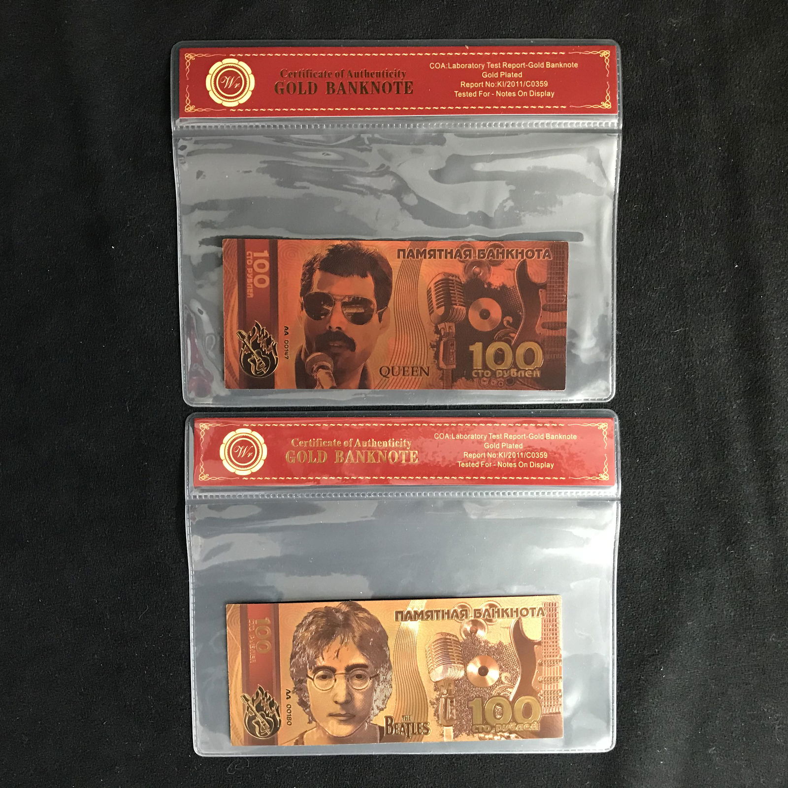QUEEN AND BEATLES 24KT GOLD FOIL BANK LOT: QUEEN AND BEATLES 24KT GOLD FOIL BANK LOT