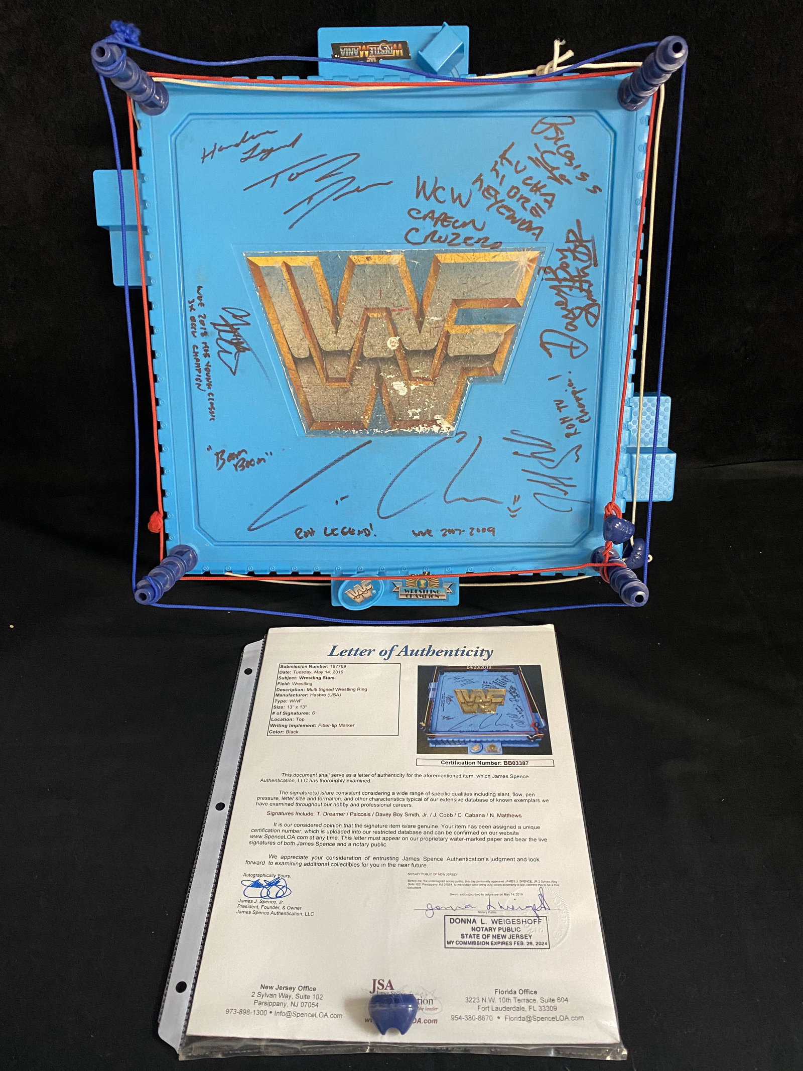 MULTI SIGNED WWF WRESTLING RING (HASBRO) w/ T. DREAMER/: MULTI SIGNED WWF WRESTLING RING (HASBRO) w/ T. DREAMER/ DAVEY BOY SMITH, JR/ J. COBB (JSA COA)