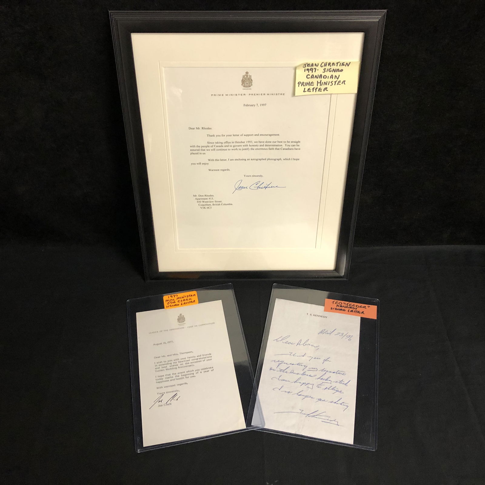 JEAN CHRETIEN/ TED KENNEDY/ JOE CLARK SIGNED POLITICAL: JEAN CHRETIEN/ TED KENNEDY/ JOE CLARK SIGNED POLITICAL LETTERS LOT