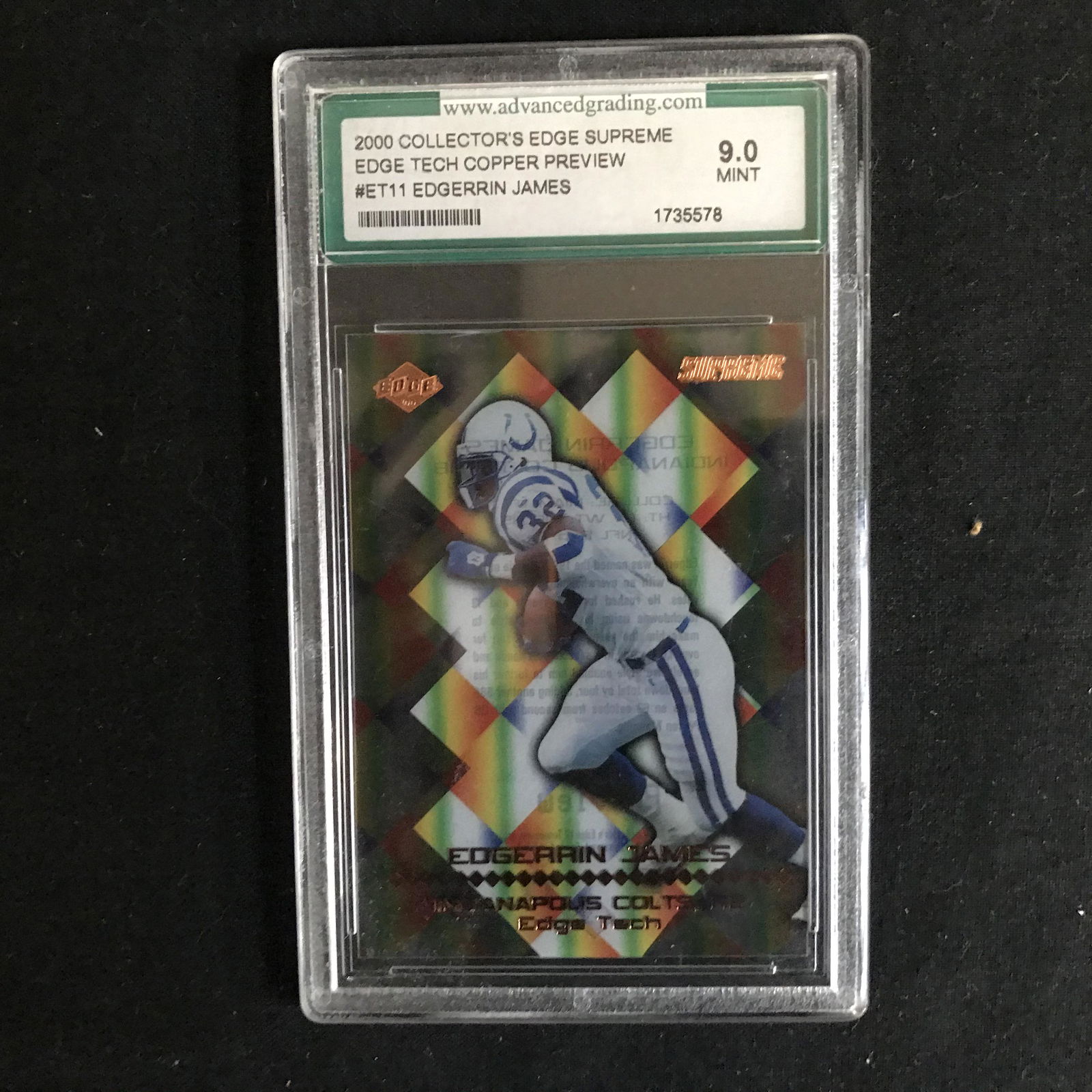 2000 COLLECTOR'S EDGE SUPREME EDGE TECH COPPER PREVIEW: 2000 COLLECTOR'S EDGE SUPREME EDGE TECH COPPER PREVIEW #ET11 EDGERRIN JAMES (9 MINT)