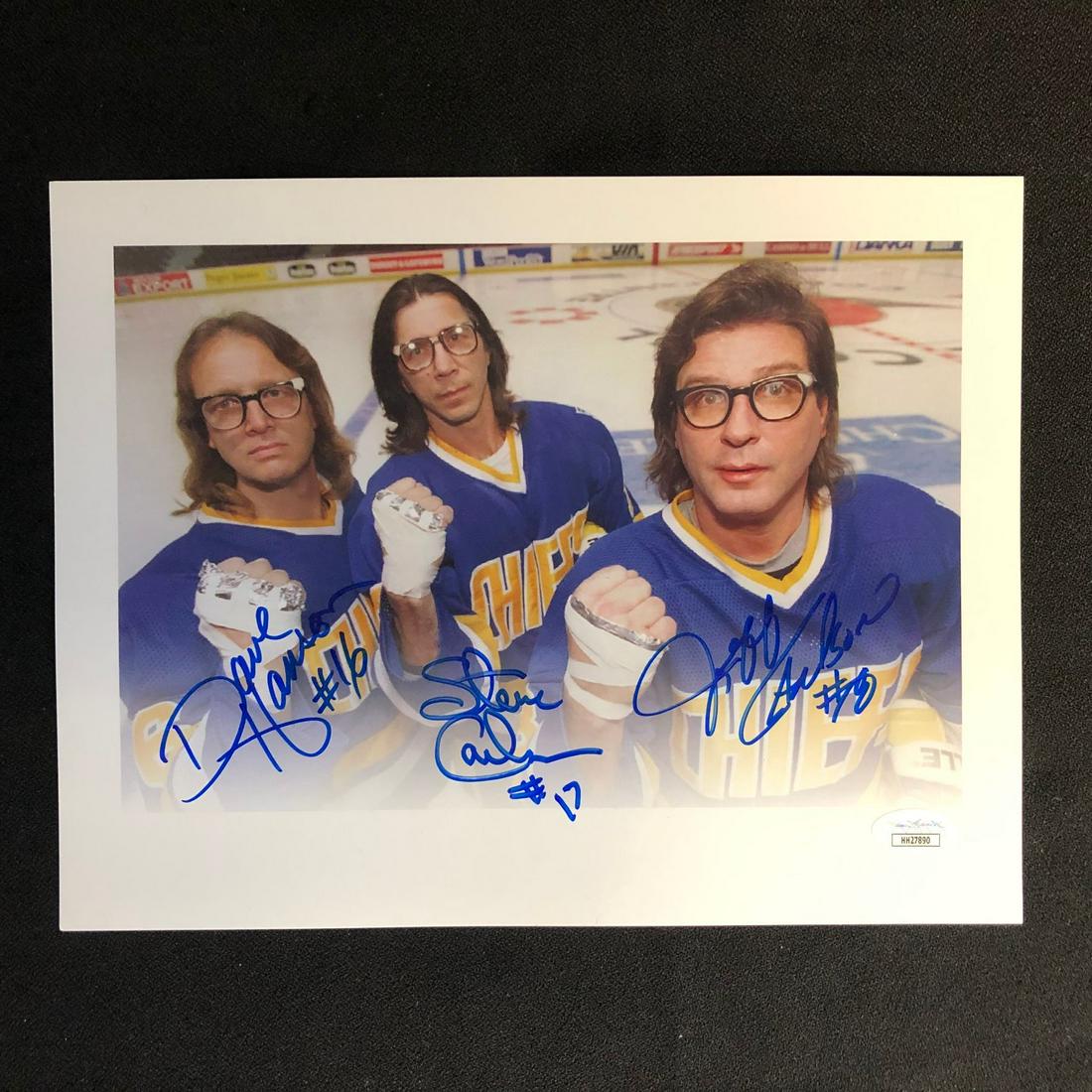 THE HANSON BROTHERS TRIPLE SIGNED 8 X 10 "SLAP SHOT" PH: THE HANSON BROTHERS TRIPLE SIGNED 8 X 10 "SLAP SHOT" PHOTO (JSA COA)