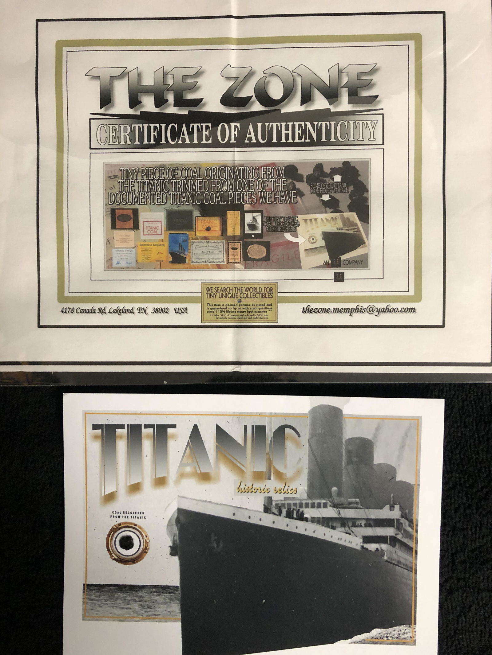 AUTHENTIC PIECE OF COAL FROM THE TITANIC (THE ZONE COA) (1 of 3)