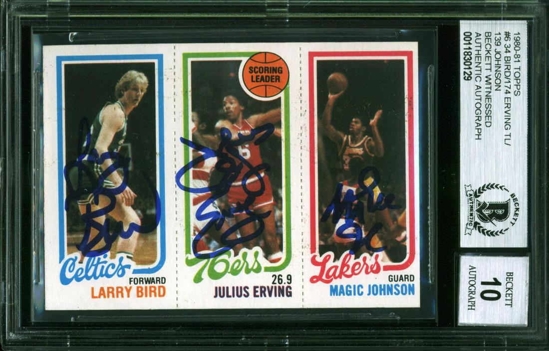 Bird, Erving & Magic Signed 1980 Topps Rookie Card Auto (1 of 2)