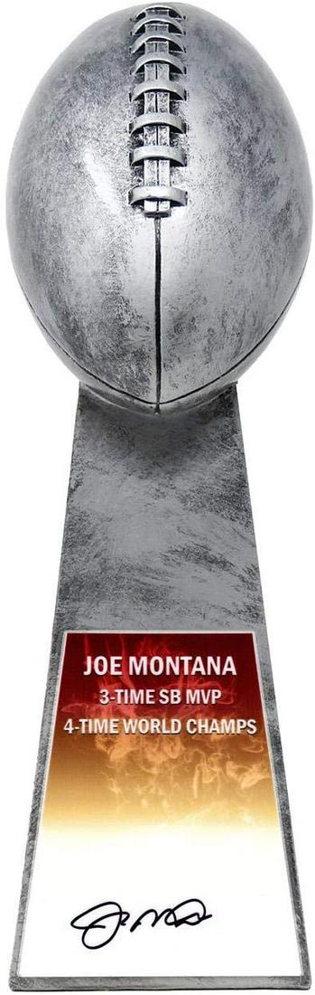 JOE MONTANA SIGNED FOOTBALL WORLD CHAMPION 15 INCH: JOE MONTANA SIGNED FOOTBALL WORLD CHAMPION 15 INCH SILVER REPLICA TROPHY w/ COA
