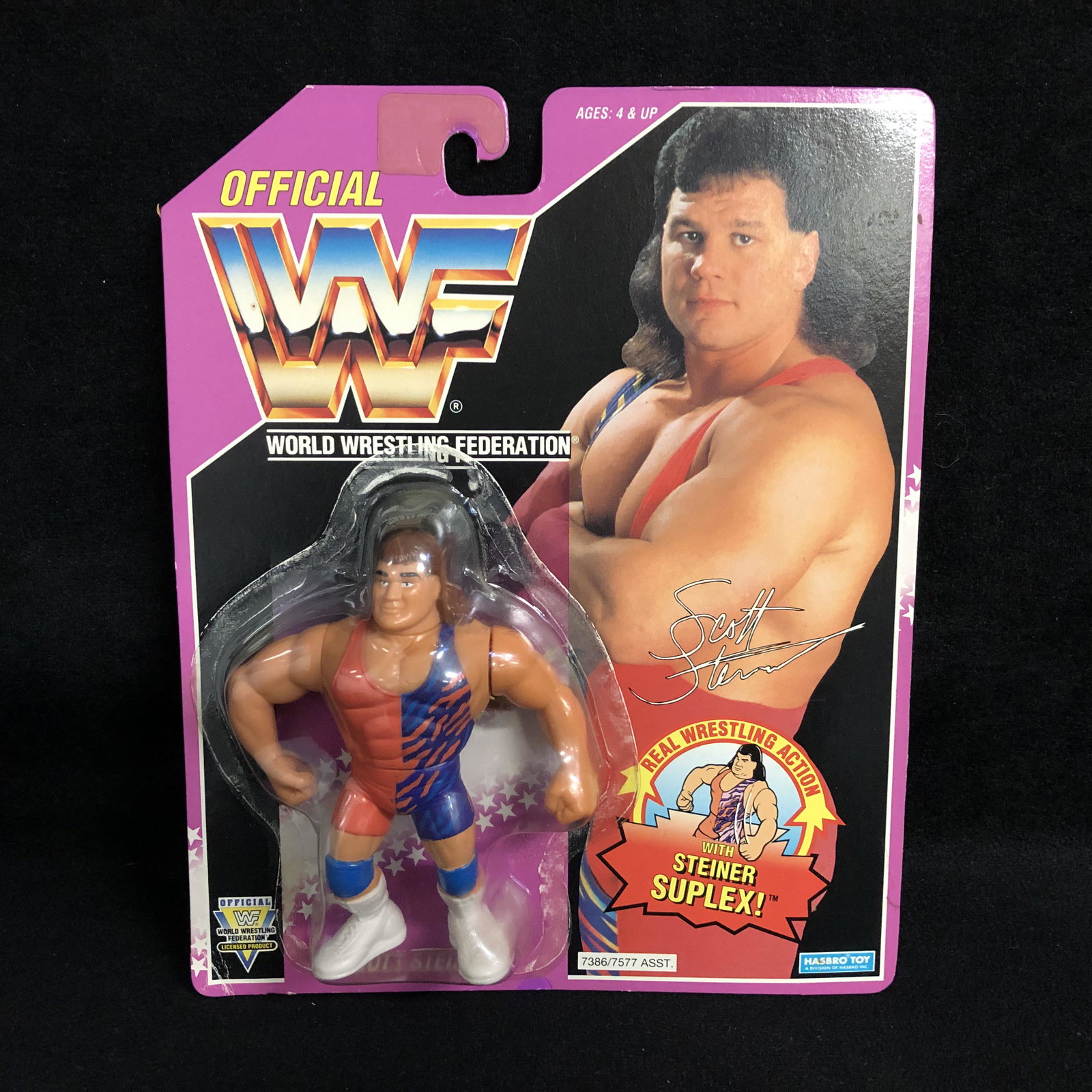 OFFICIAL WWF SCOTT STEINER WRESTLING FIGURE Purple Card: OFFICIAL WWF SCOTT STEINER WRESTLING FIGURE Purple Card MOC (HASBRO)