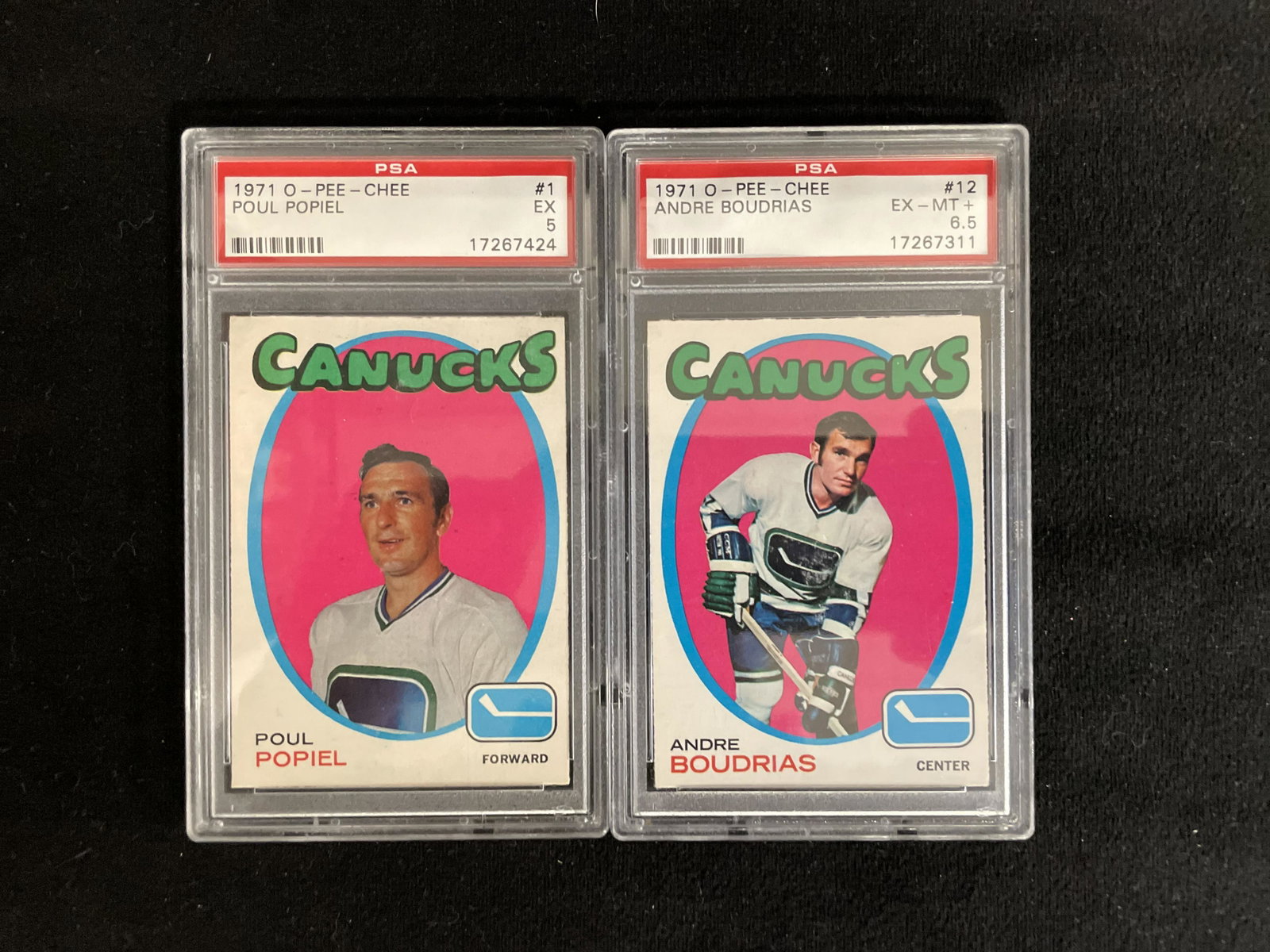 1971 O-PEE-CHEE #1 POUL POPIEL (PSA 6) & #12 ANDRE BOUD: 1971 O-PEE-CHEE #1 POUL POPIEL (PSA 6) & #12 ANDRE BOUDRAIS (PSA 6.5)