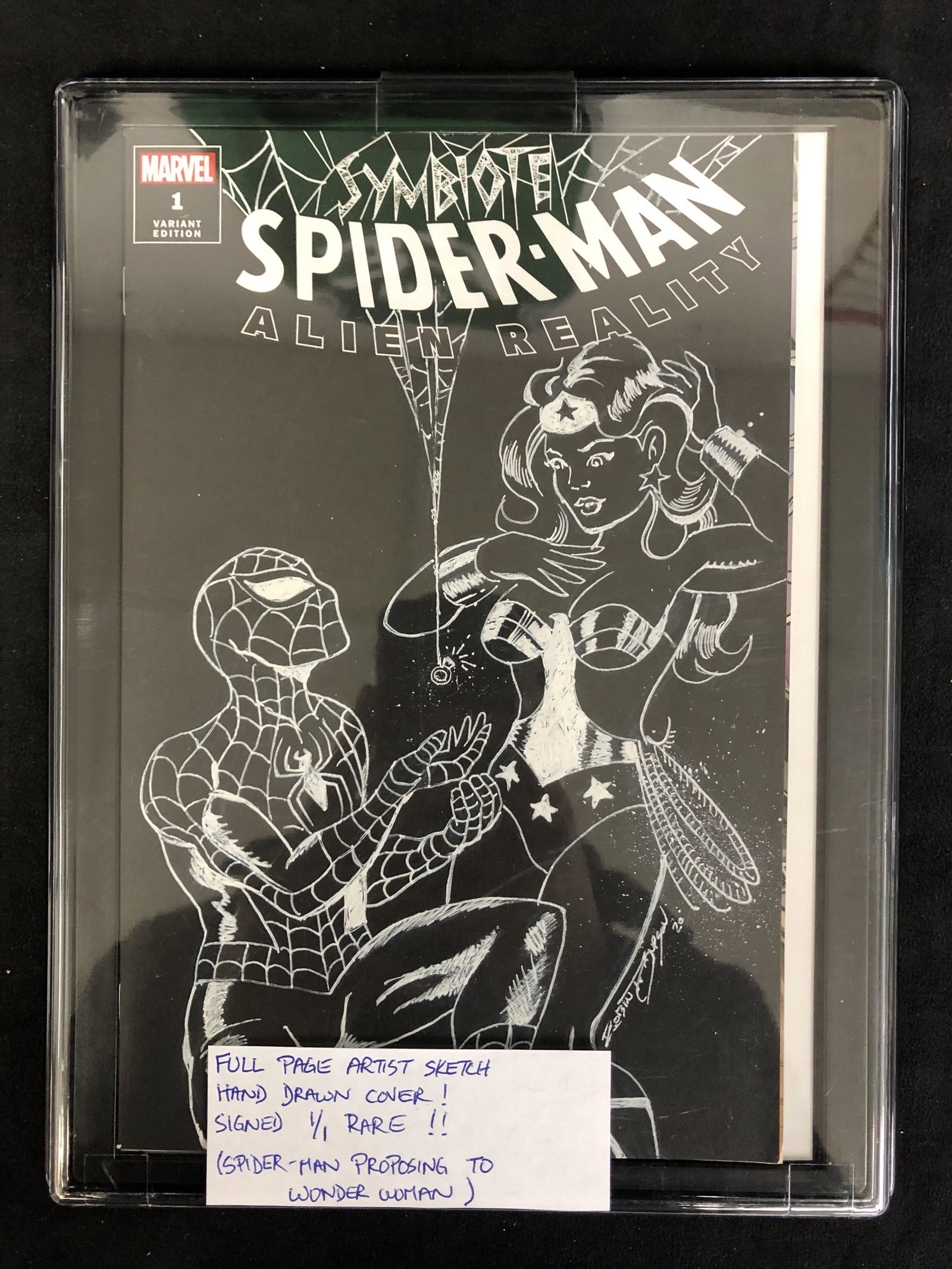 SYMBIOTE SPIDER-MAN: ALIEN REALITY #1 (SPIDER-MAN PROPO: SYMBIOTE SPIDER-MAN: ALIEN REALITY #1 (SPIDER-MAN PROPOSING TO WONDER WOMAN) MARVEL COMICSFULL PAGE ARTIST SKETCH1/1 HAND DRAWN COVER AND SIGNED BY ARTIST