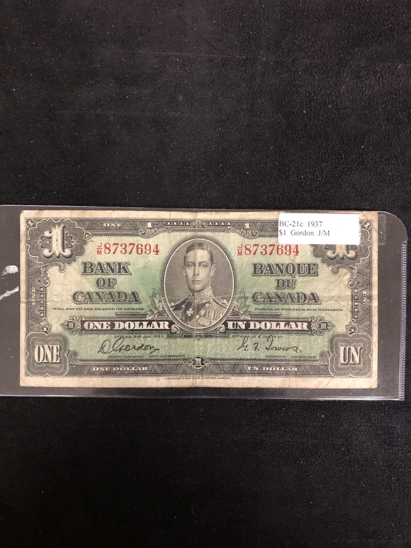 BANK OF CANADA 1937 ONE DOLLAR BILL BC-21C GORDON J/M (1 of 2)