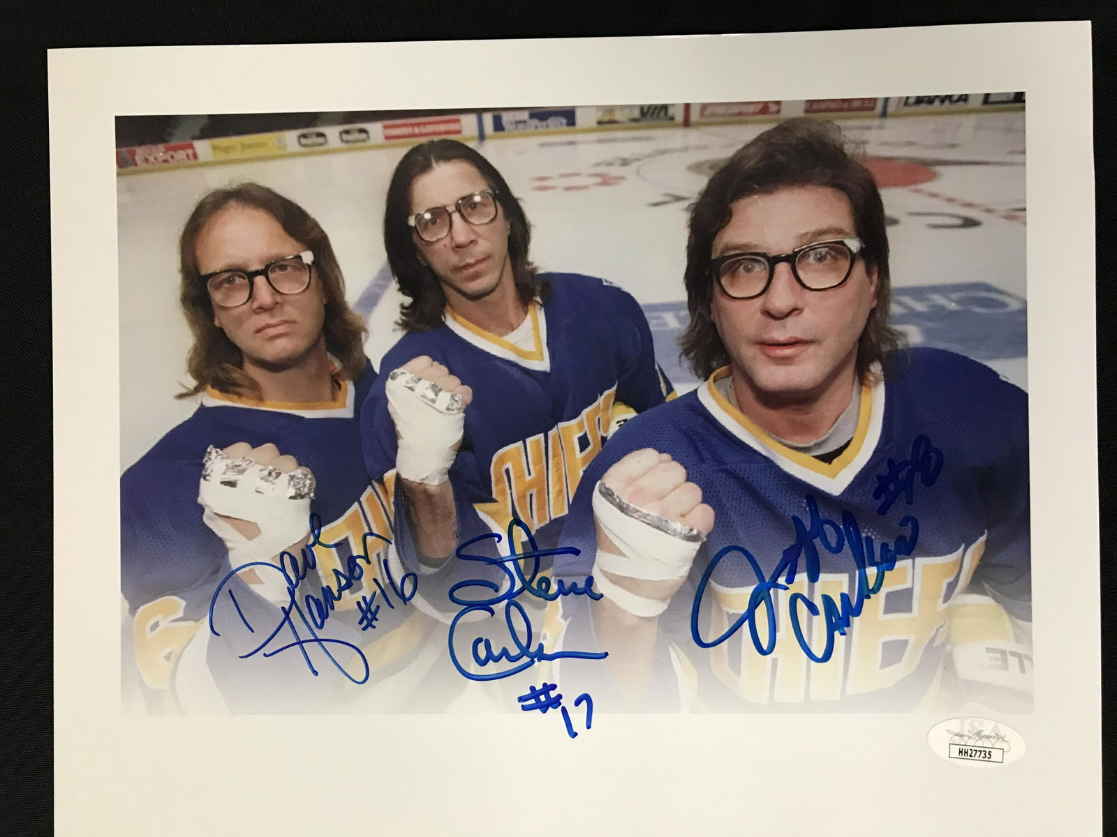 THE HANSON BROTHERS TRIPLE SIGNED 8 X 10 "SLAP SHOT" PH: THE HANSON BROTHERS TRIPLE SIGNED 8 X 10 "SLAP SHOT" PHOTO (JSA COA)