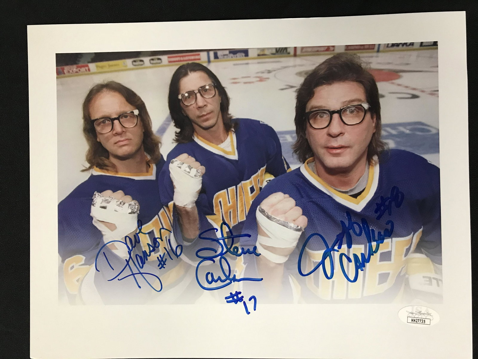 THE HANSON BROTHERS TRIPLE SIGNED 8 X 10 "SLAP SHOT" PH: THE HANSON BROTHERS TRIPLE SIGNED 8 X 10 "SLAP SHOT" PHOTO (JSA COA)