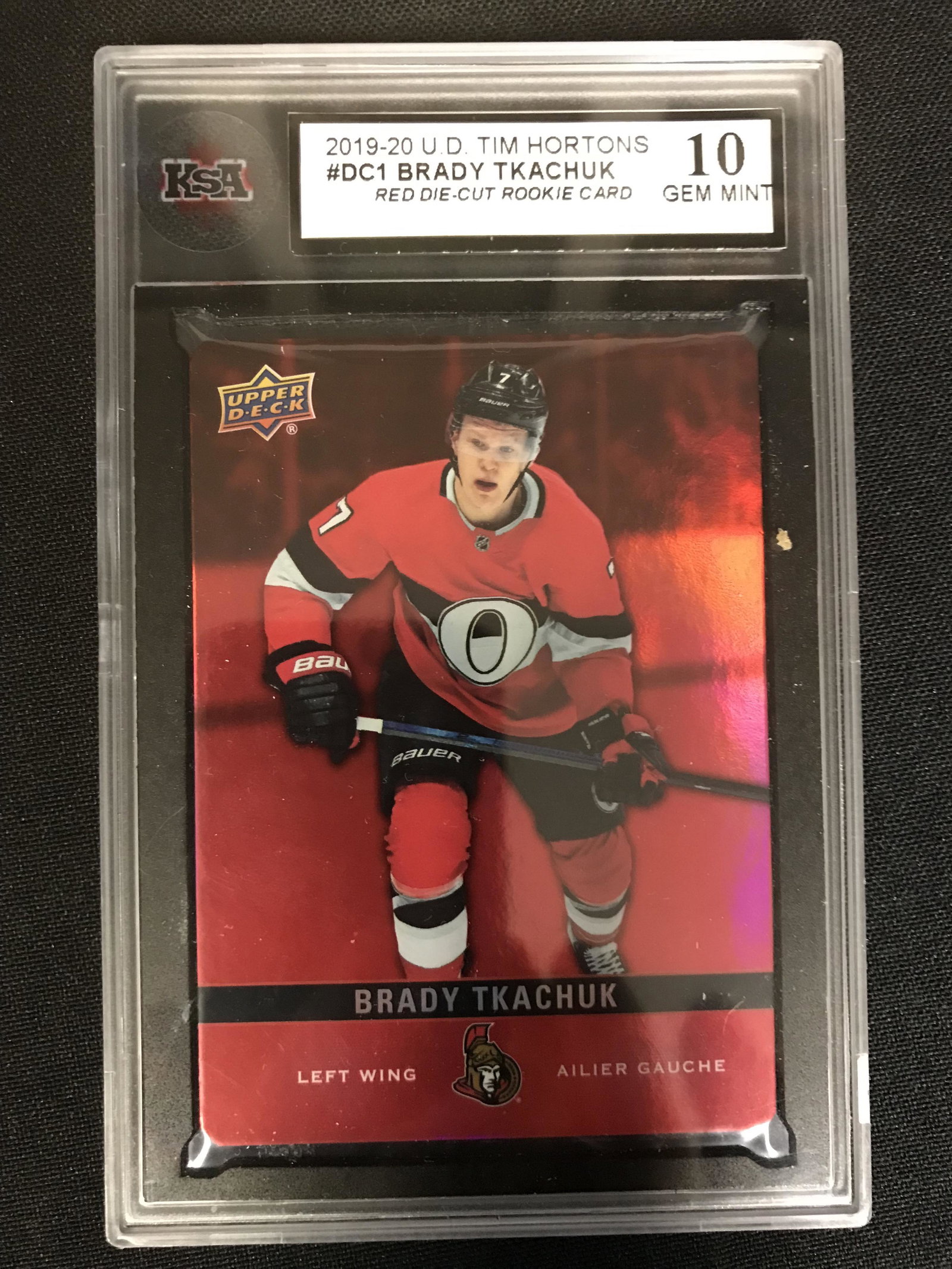 2019-20 UD TIM HORTONS BRADY TKACHUK RED DIE CUT ROOKIE: 2019-20 UD TIM HORTONS BRADY TKACHUK RED DIE CUT ROOKIE CARD ( KSA 10)