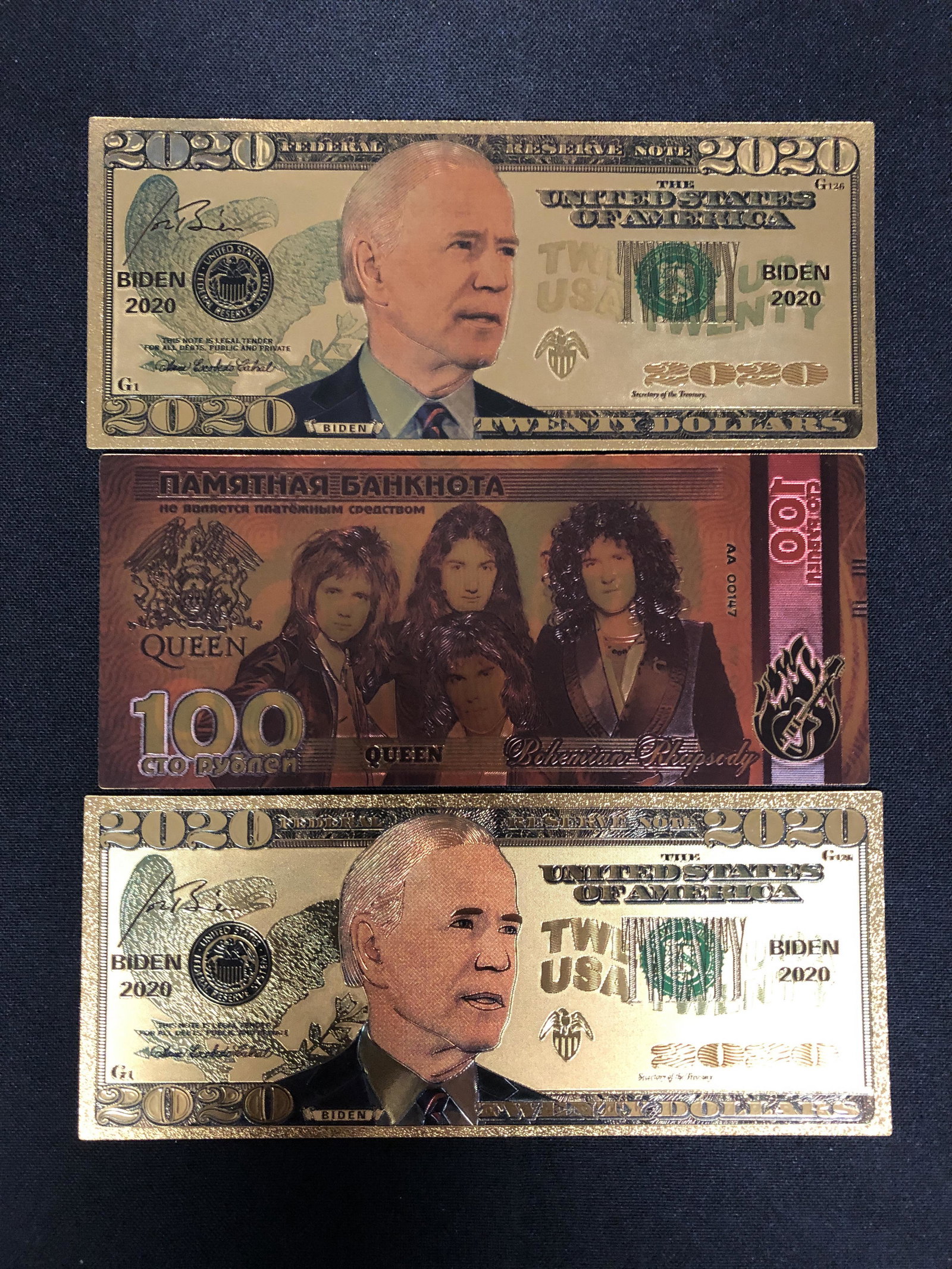 QUEEN/ JOE BIDEN 24KT GOLD LEAF BILLS LOT: QUEEN/ JOE BIDEN 24KT GOLD LEAF BILLS LOT