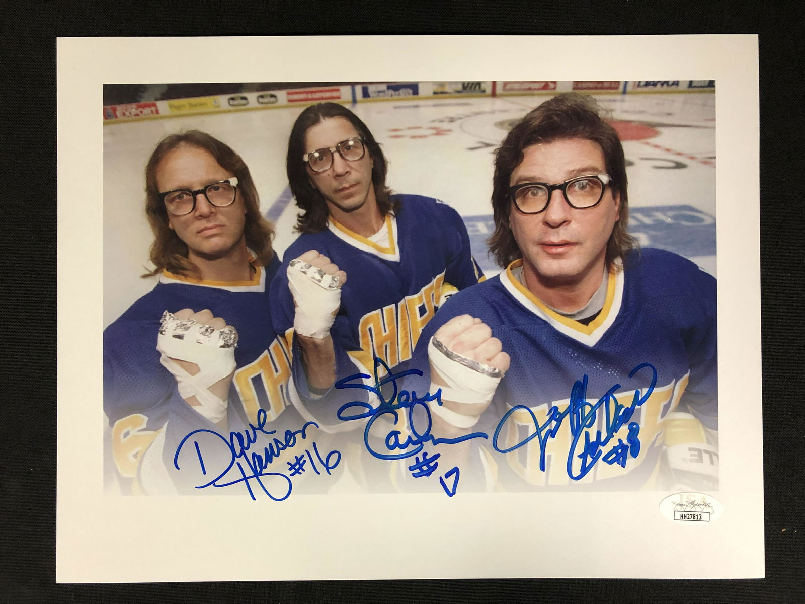 SLAPSHOT HANSEN BROTHERS TRIPLE SIGNED 8 X 10 ( JSA COA (1 of 1)