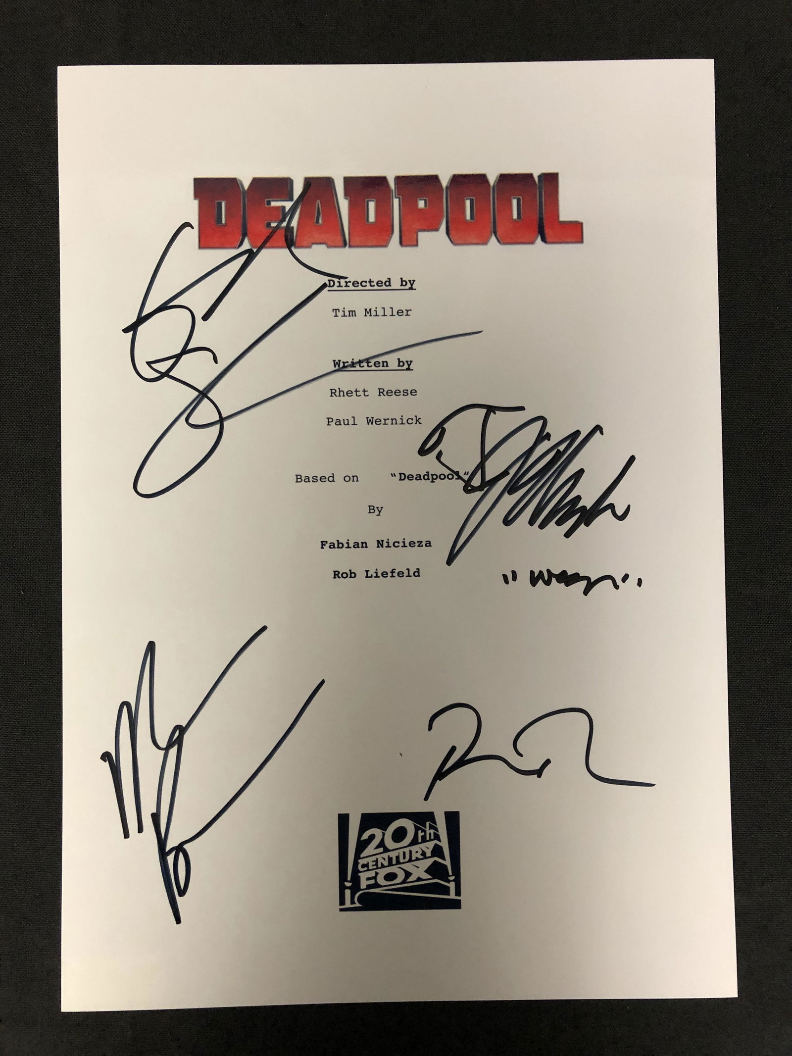 DEADPOOL CAST SIGNED SCRIPT COVER (RA COA) (1 of 3)