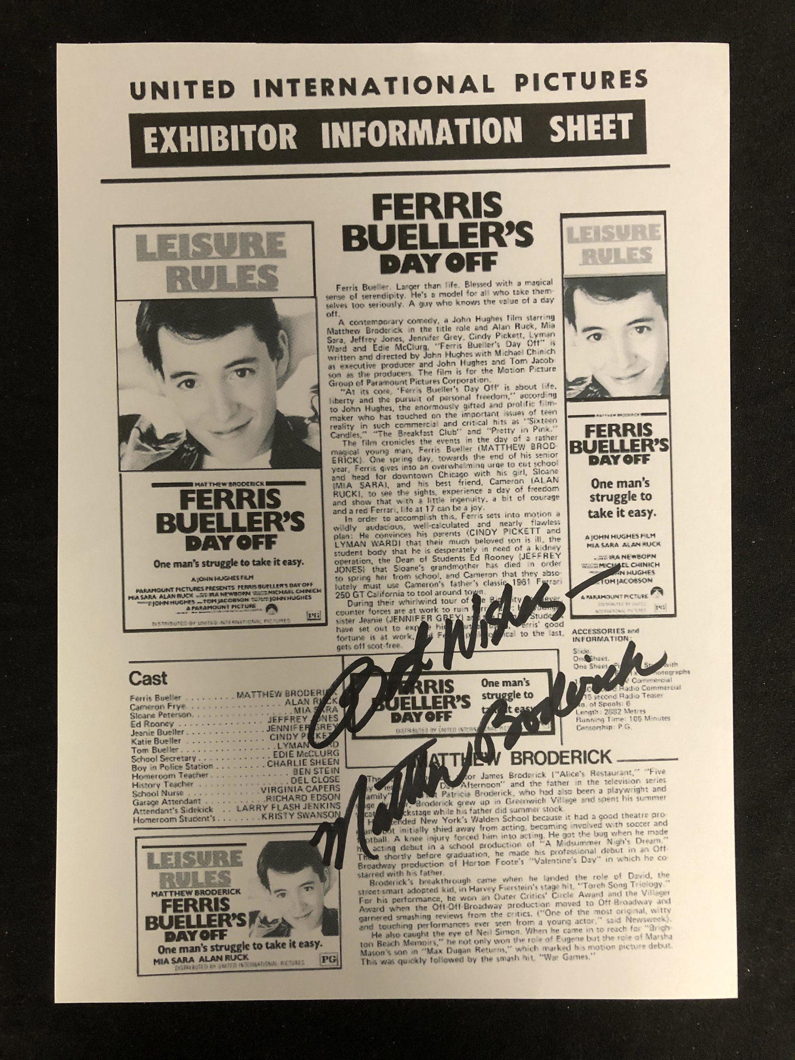 MATHEW BRODERICK SIGNED FERRIS BUELLERS DAY OFF 8 X 10: MATHEW BRODERICK SIGNED FERRIS BUELLERS DAY OFF 8 X 10 (RA COA)
