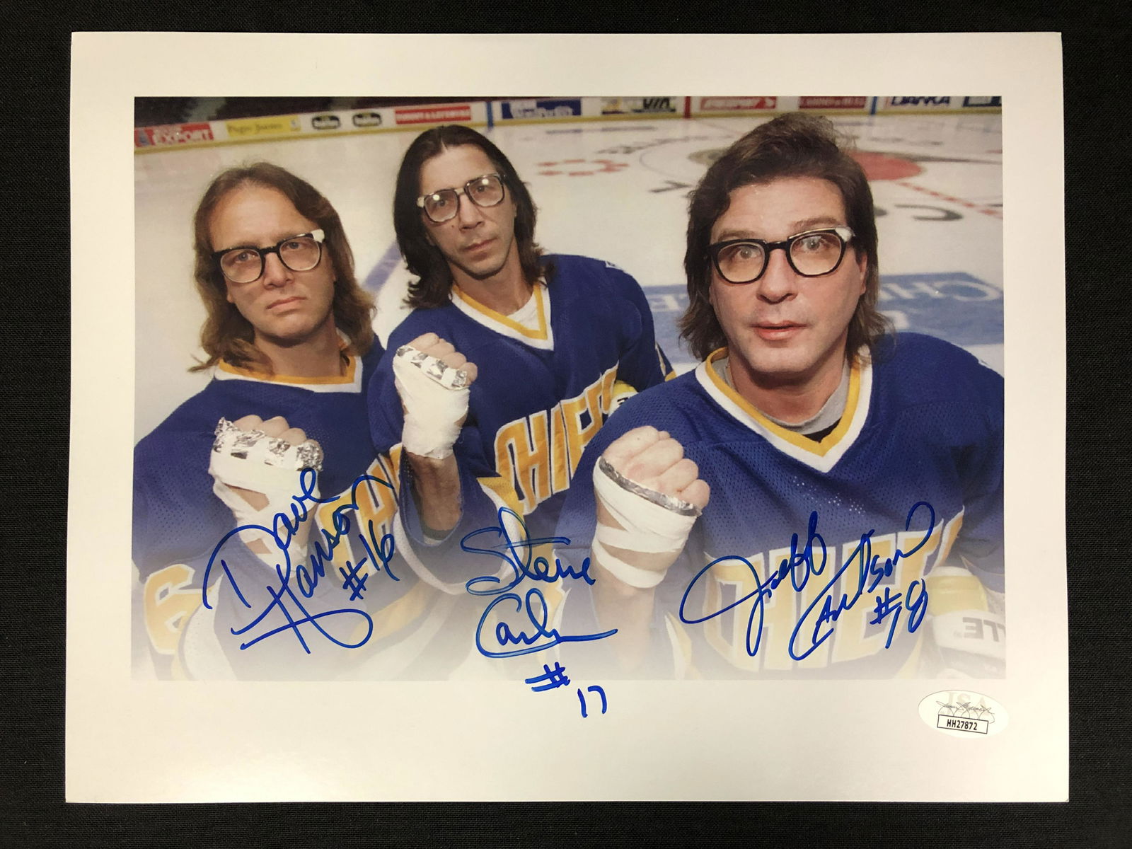 SLAPSHOTS THE HANSON BROTHERS TRIPLE SIGNED 8 X 10 (JSA (1 of 1)