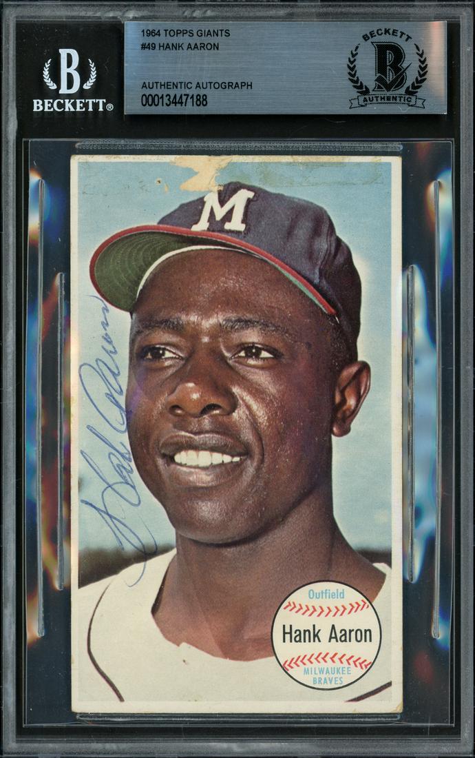 1964 TOPPS GIANTS #49 HANK AARON AUTHENTIC AUTOGRAPH (B (1 of 2)