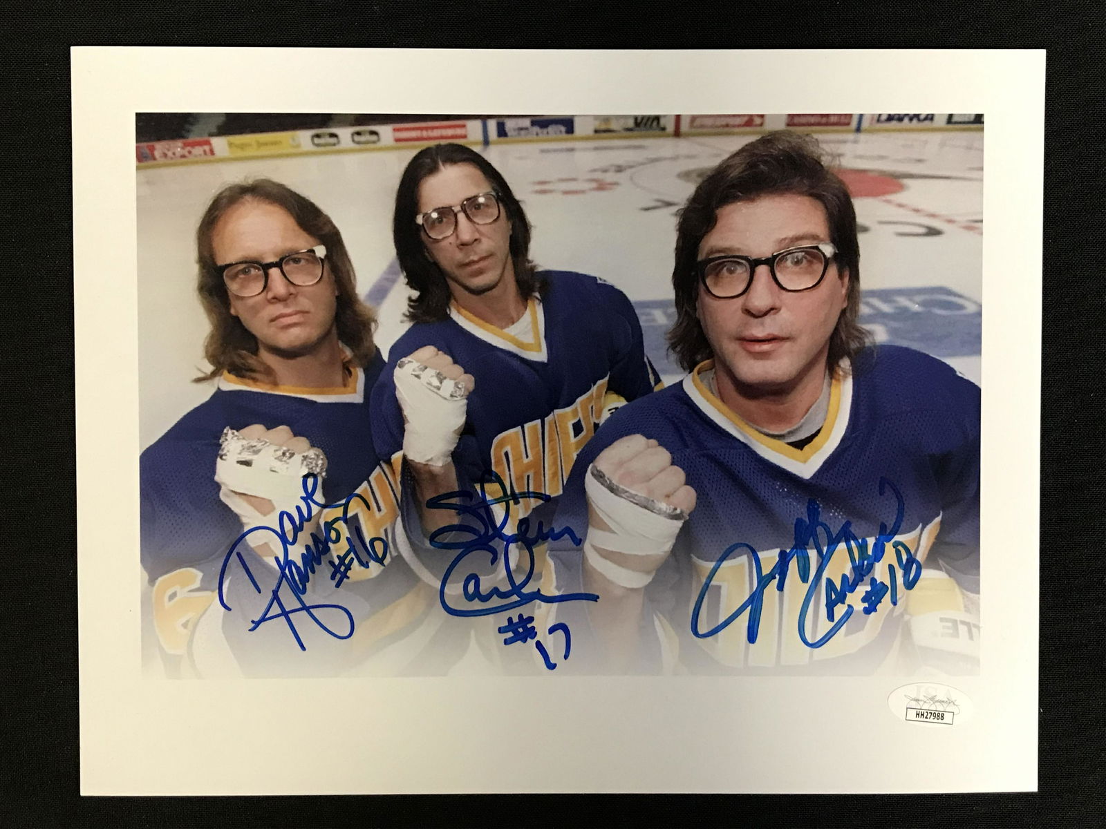 SLAPSHOTS' HANSON BROTHERS TRIPLE SIGNED 8X10 (JSA CERT (1 of 3)