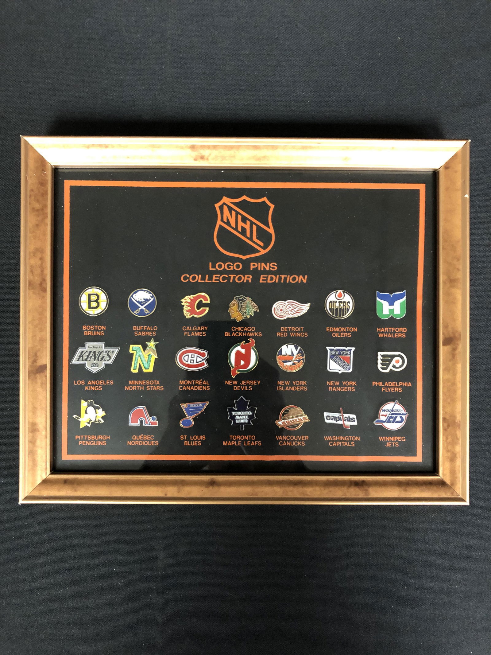 RARE NHL FRAMED PIN SET WITH 3 PINS OF TEAMS NO LONGER (1 of 1)