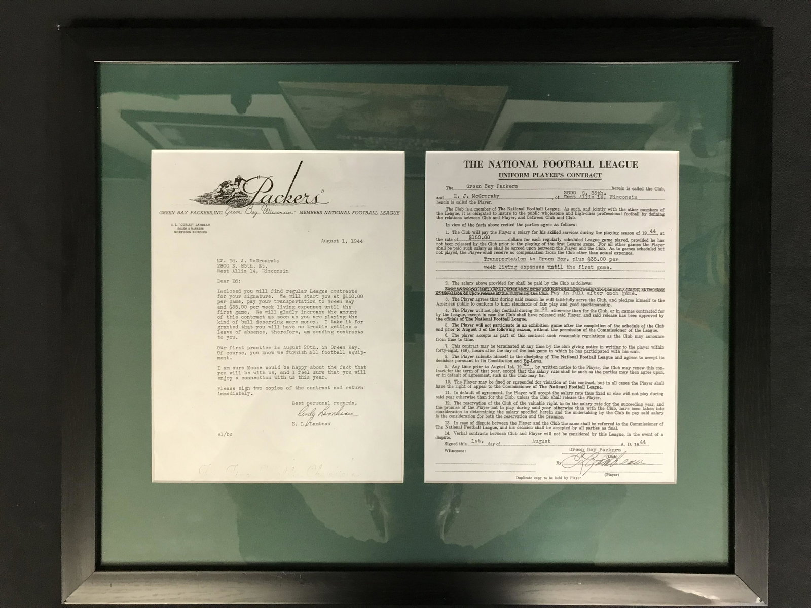 GREEN BAY PACKERS FRAMED CONTRACT DISPLAY: GREEN BAY PACKERS FRAMED CONTRACT DISPLAY