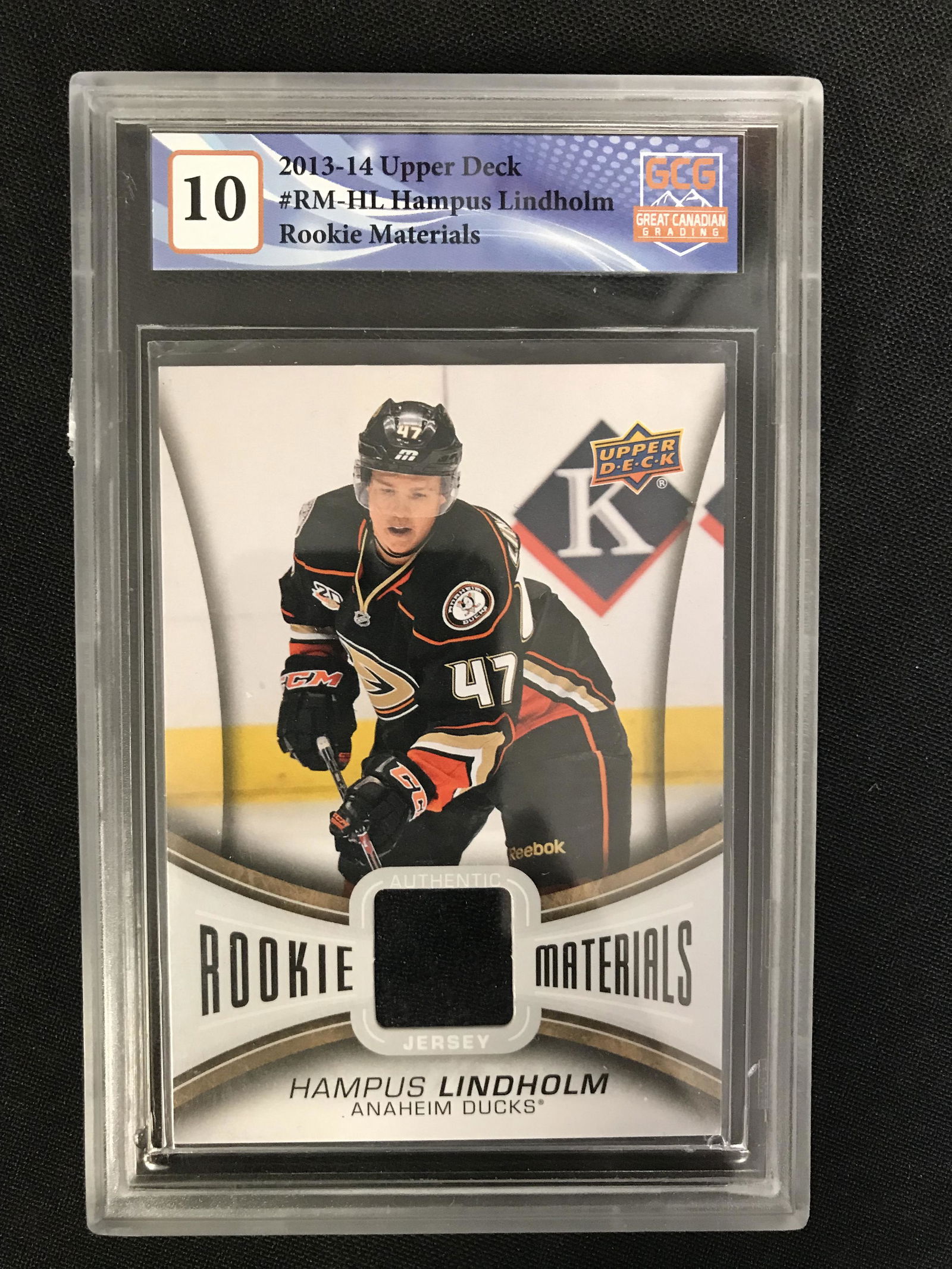 2012-14 UPPER DECK #RM-HL HAMPUS LINDHOLM ROOKIE MATERIALS (GCG 10) (1 of 2)