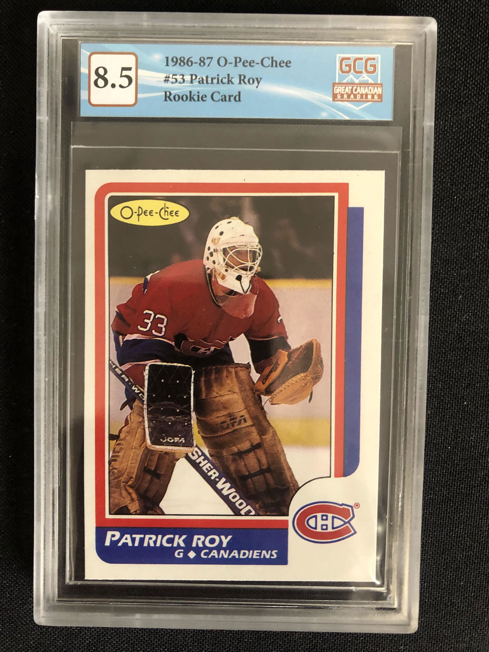 1986-87 OPC PATRICK ROY ROOKIE CARD (GCG 8.5) (1 of 2)