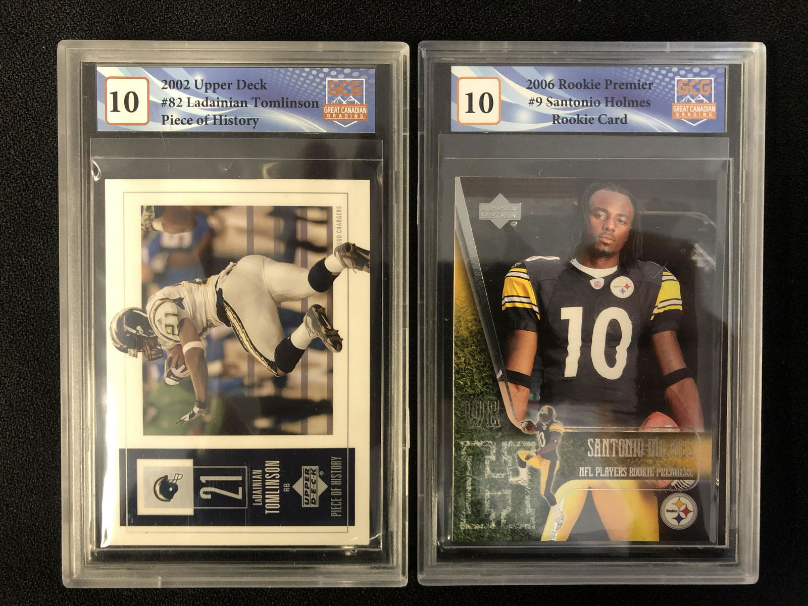GCG GRADED 10 FOOTBALL CARD LOT (LADAINIAN TOMLINSON/ SANTONIO HOLMES) (1 of 1)