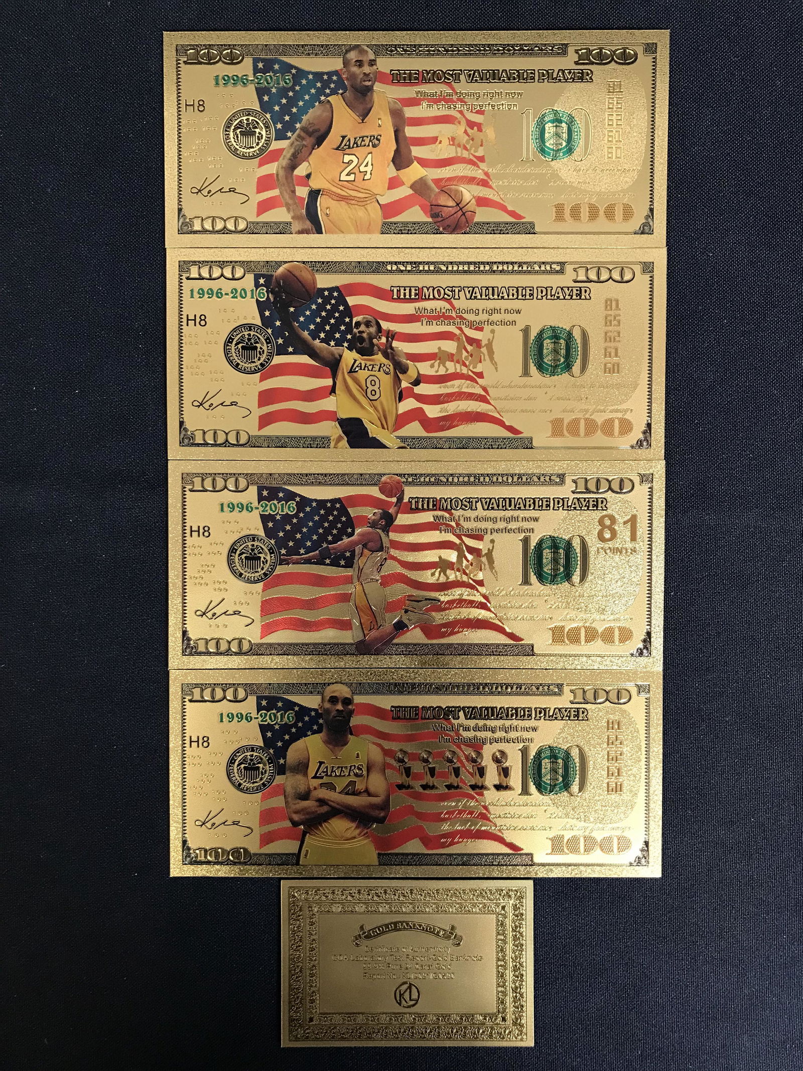 KOBE BRYANT GOLD FOILED NOVELTY BANKNOTES LOT w/ CERTIFICATE (1 of 2)
