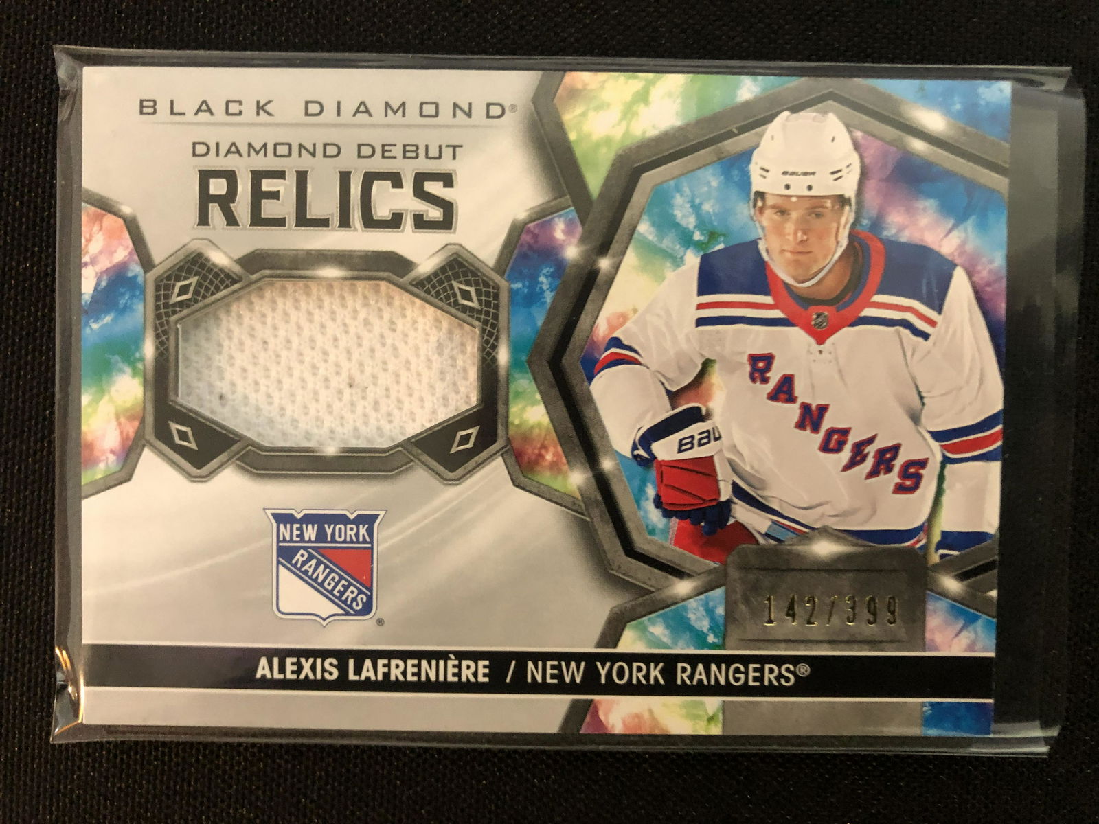 2020-21 UPPER DECK BLACK DIAMOND DEBUT RELICS ALEXIS LAFRENIERE ROOKIE CARD (142/399) (1 of 2)