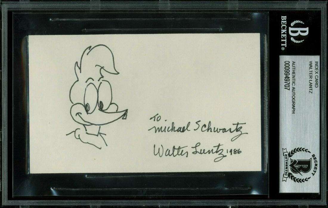 WALTER LANTZ 3X5 INDEX CARD W/WOODY WOODPECKER SKETCH (BAS SLABBED) (1 of 1)
