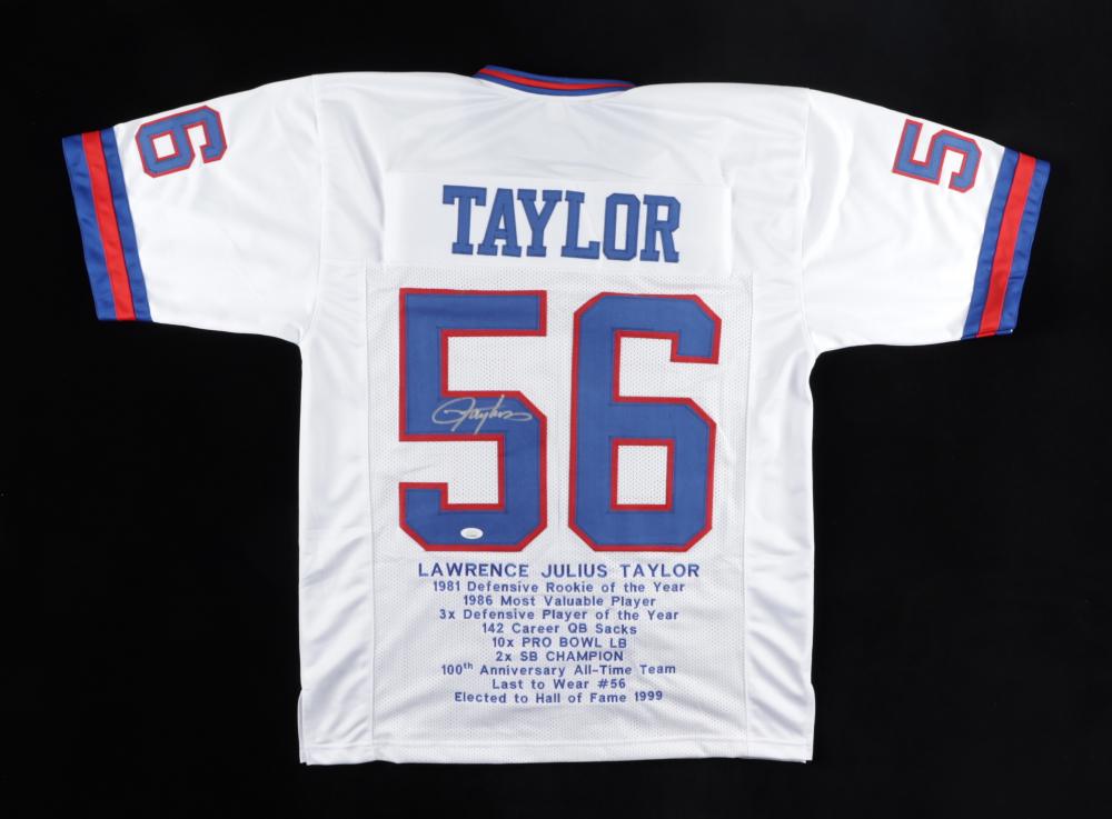 LAWRENCE TAYLOR SIGNED NY GIANTS PRO STYLE CAREER STATS FOOTBALL JERSEY (JSA COA) (1 of 3)