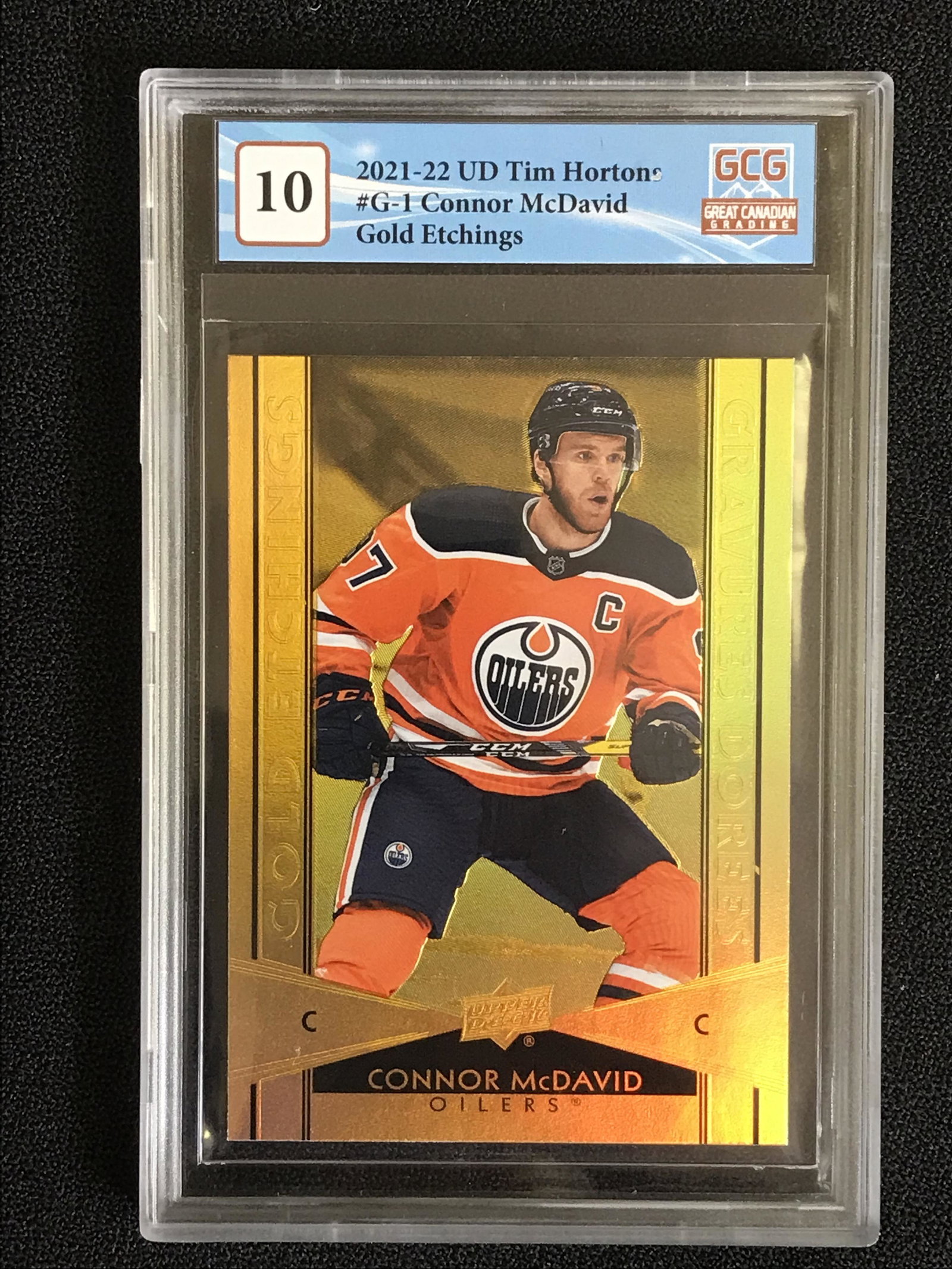 2021-22 UD TIM HORTONS NO.G-1 CONNOR MCDAVID GOLD ETCHINGS (GCG 10): 2021-22 UD TIM HORTONS NO.G-1 CONNOR MCDAVID GOLD ETCHINGS (GCG 10)
