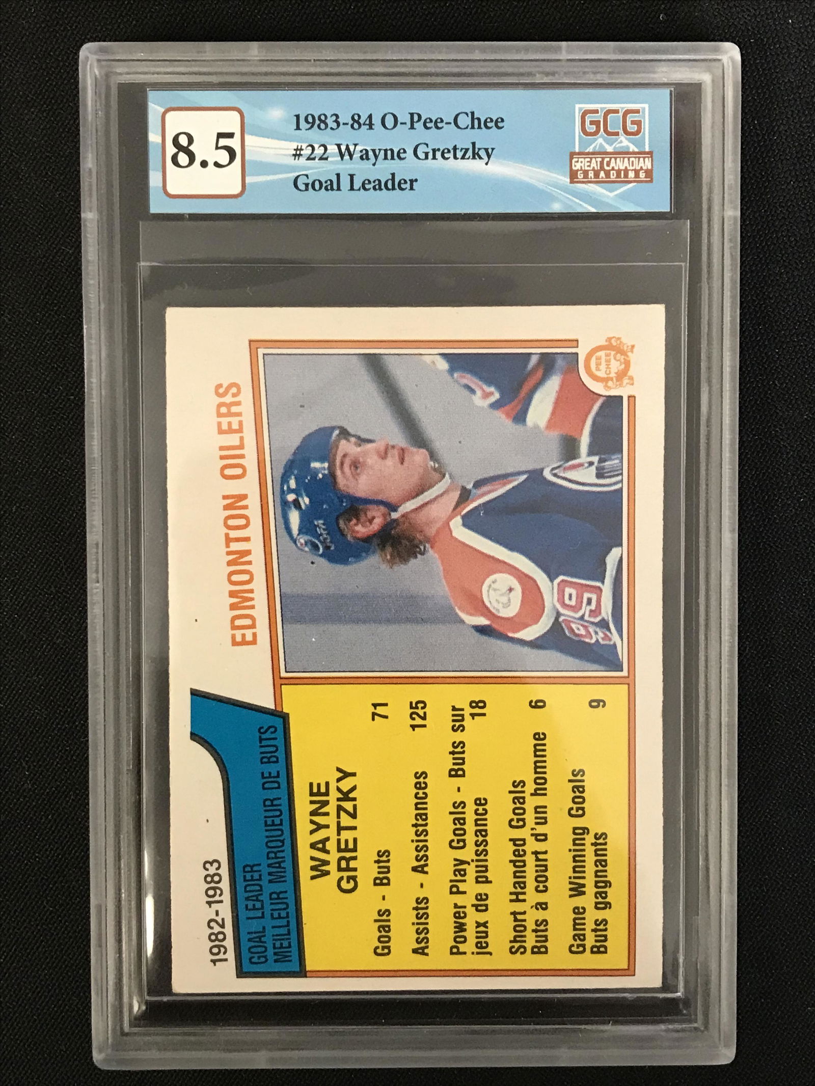 1983-84 O-PEE-CHEE NO.22 WAYNE GRETZKY GOAL LEADER (GCG 8.5) (1 of 2)