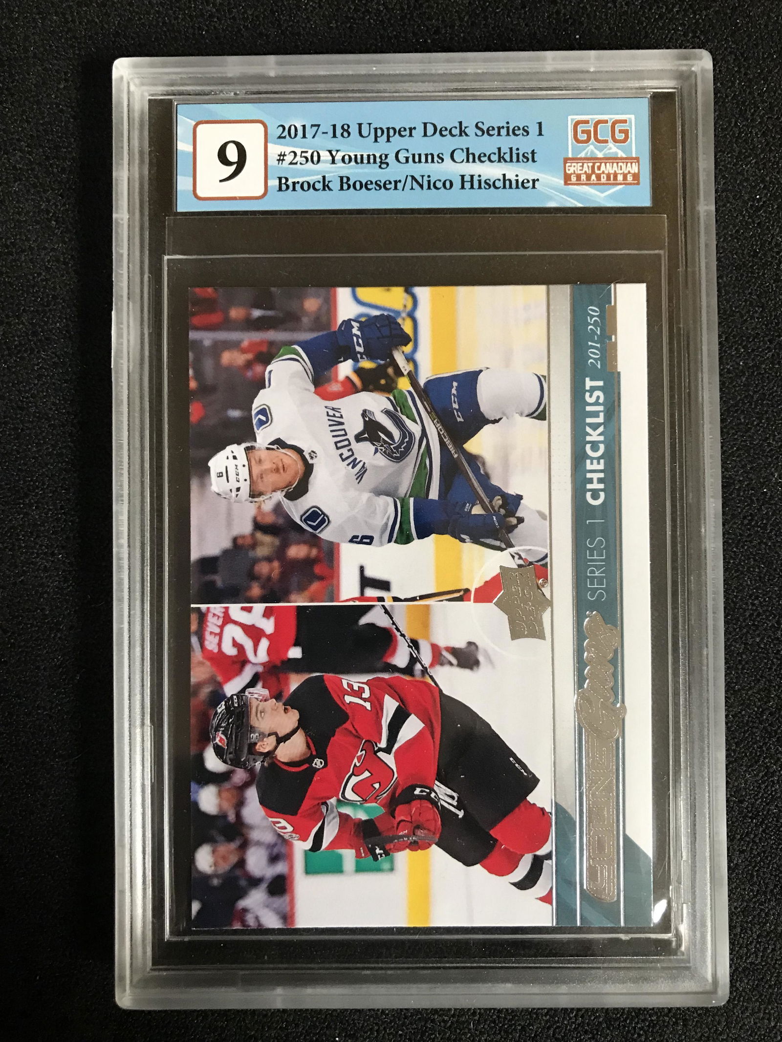 2017-18 UPPER DECK SERIES 1 NO.250 YOUNG GUNS CHECKLIST BROCK BOESER/ NICO HISCHIER (GCG 9) (1 of 2)