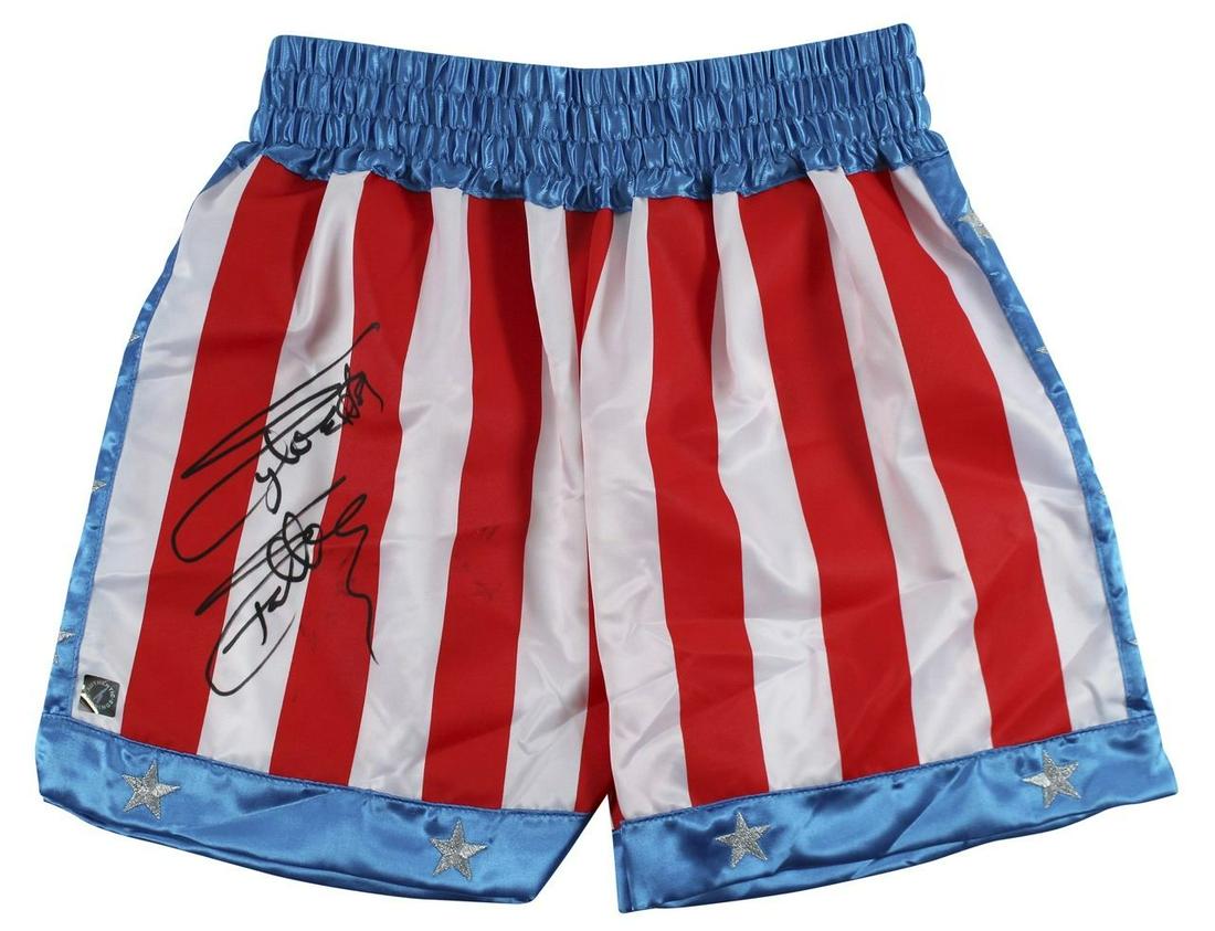SYLVESTER STALLONE "ROCKY" SIGNED AMERICAN FLAG BOXING TRUNKS (BAS) (1 of 3)
