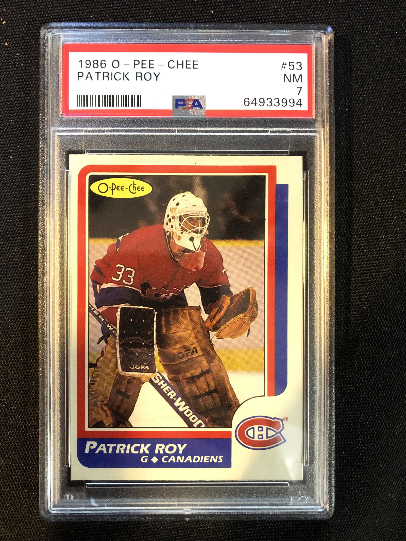 1986-87 O-PEE-CHEE NO.53 PATRICK ROY RC (PSA 7) (1 of 2)