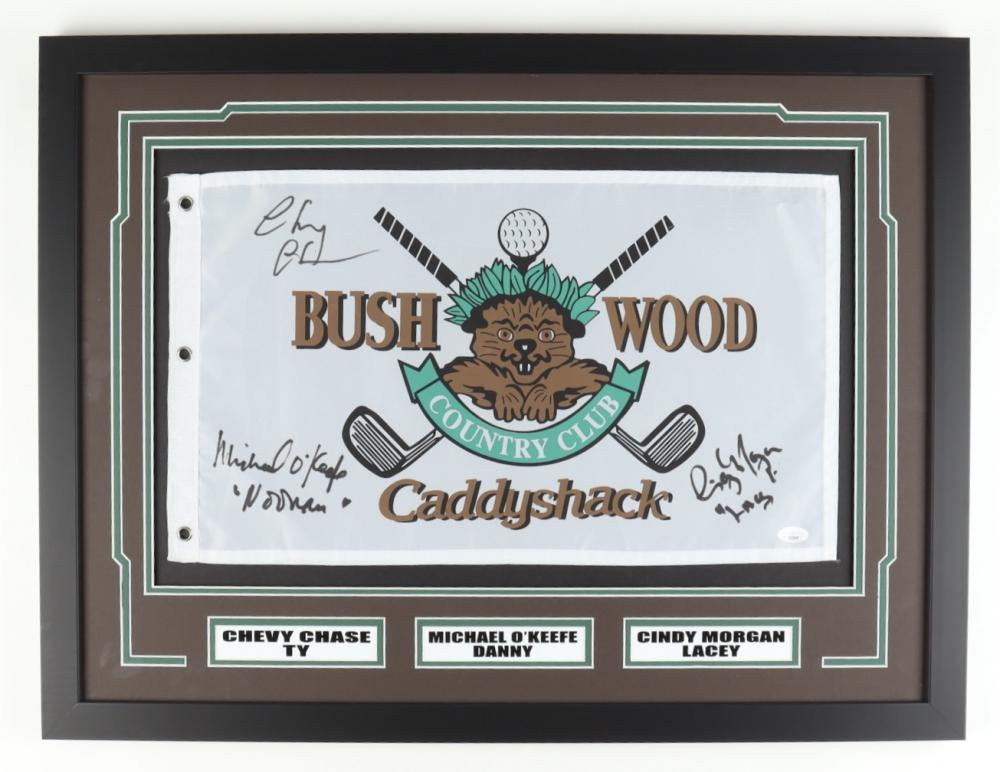 Michael O'Keefe, Chevy Chase & Cindy Morgan Signed "Caddyshack" 22x29 Framed Flag Display (JSA) (1 of 4)