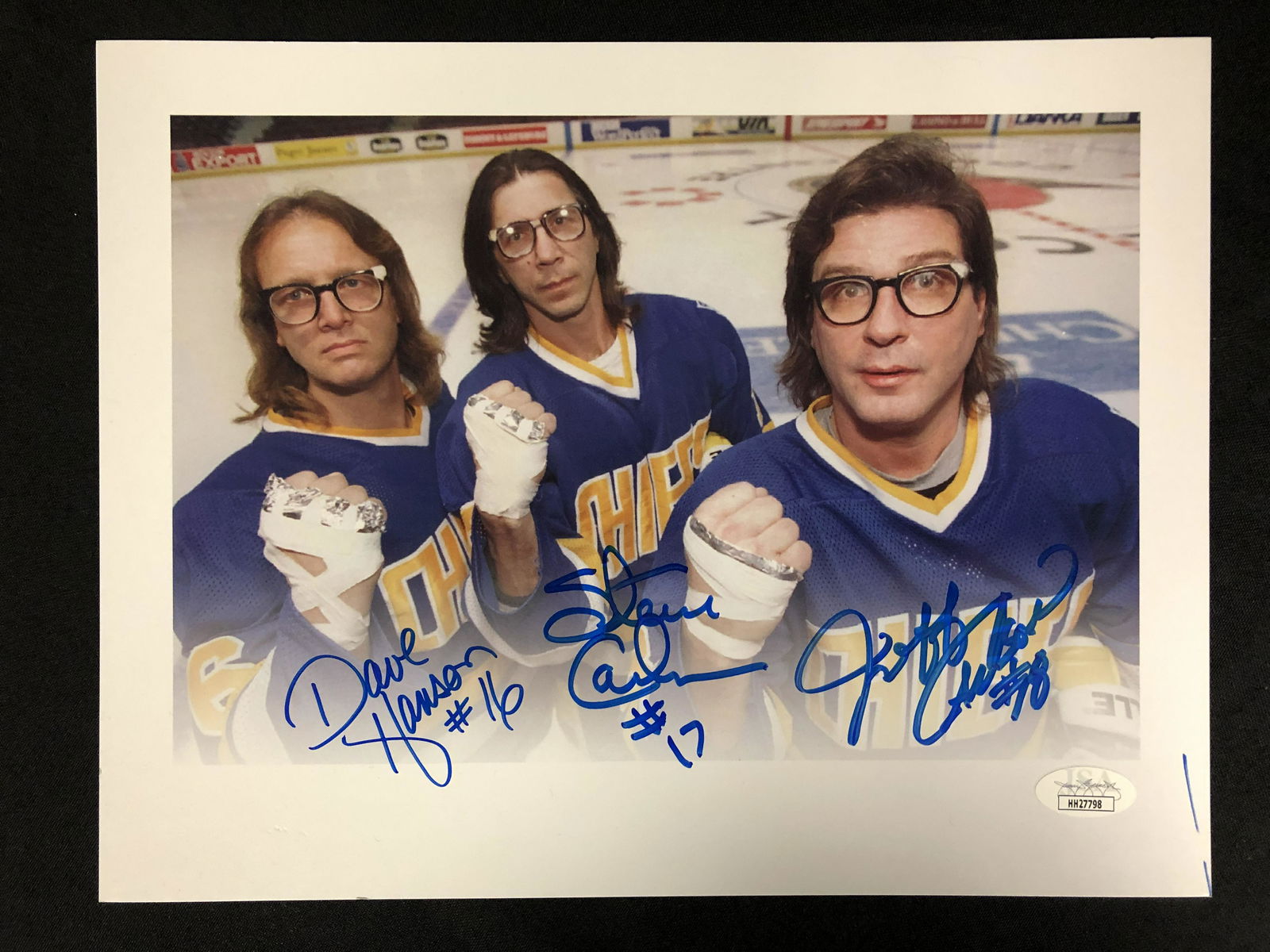 THE HANSON BROTHERS TRIPLE SIGNED SLAPSHOT 8 X 10 (JSA COA) (1 of 1)