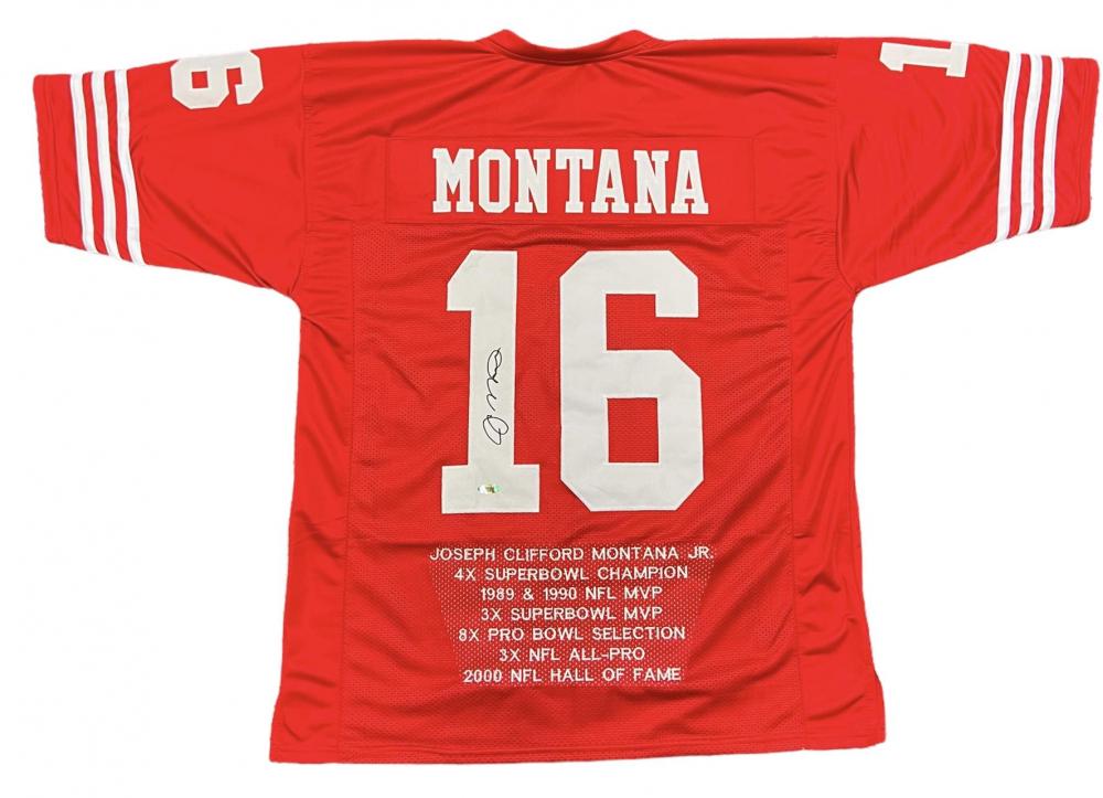 JOE MONTANA SIGNED SAN FRANCISCO 49ERS CAREER STATS FOOTBALL JERSEY (COA): JOE MONTANA SIGNED SAN FRANCISCO 49ERS CAREER STATS FOOTBALL JERSEY (COA)