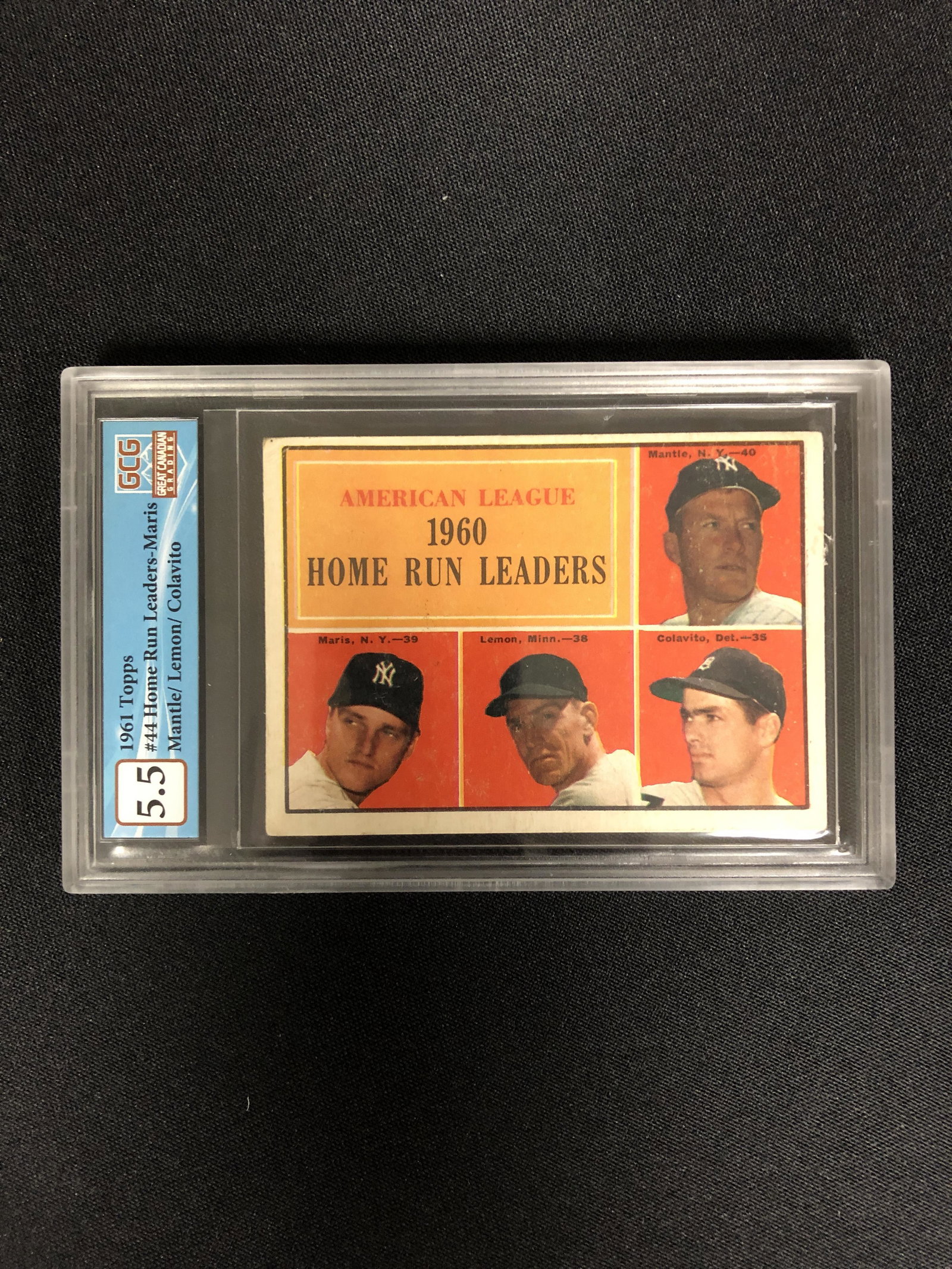 1961 TOPPS #44 HOME RUN LEADERS - MARIS/ MANTLE/ LEMON/ COLAVITO (GCG 5.5): 1961 TOPPS #44 HOME RUN LEADERS - MARIS/ MANTLE/ LEMON/ COLAVITO (GCG 5.5)
