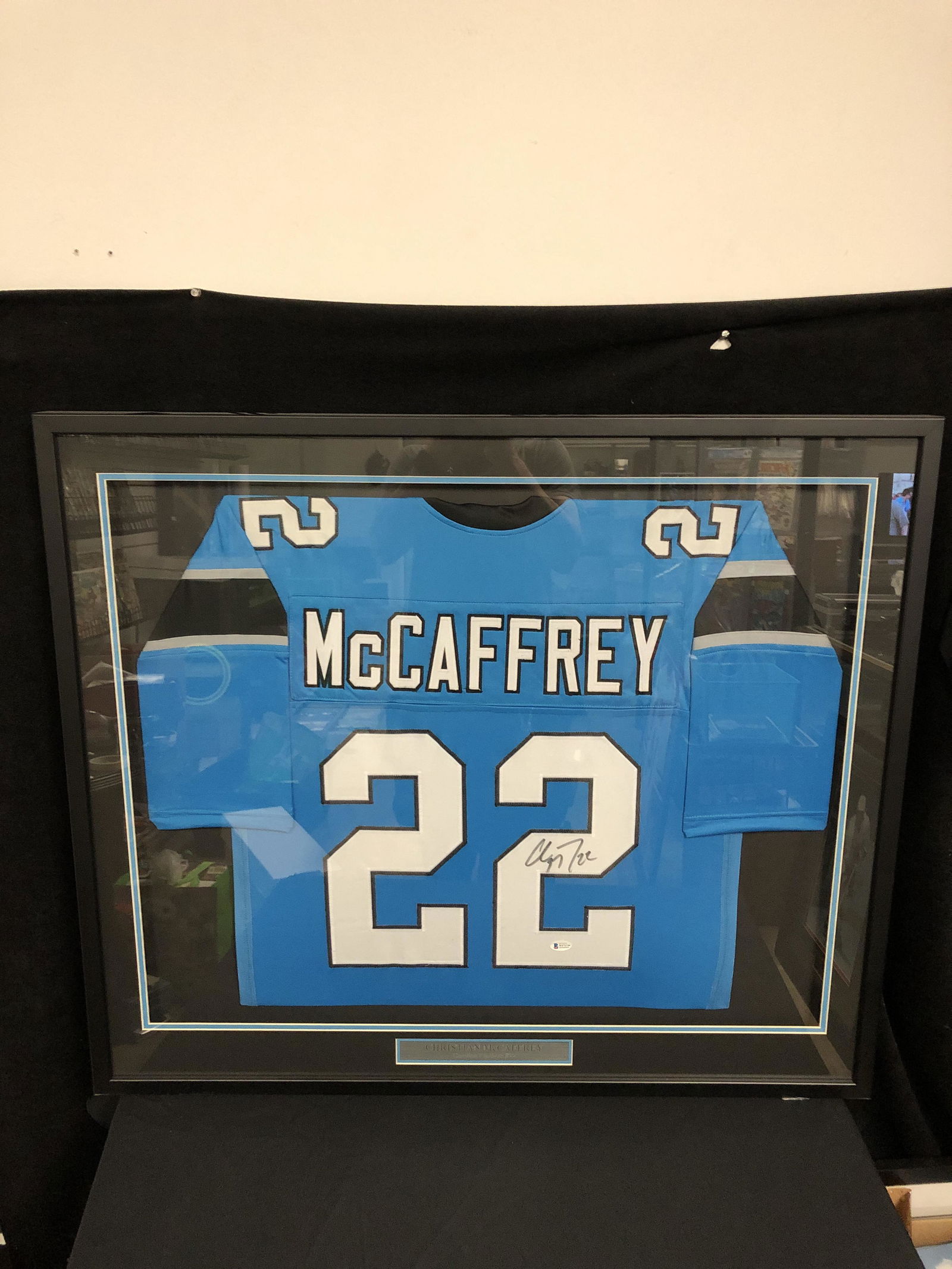 CHRISTIAN MCCAFFREY SIGNED AND CUSTOM FRAMED PANTHERS JERSEY (BECKETT COA) (1 of 3)
