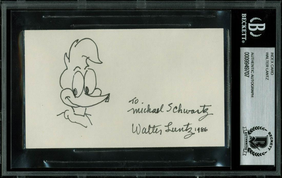 Walter Lantz Signed 3x5 Index Card w/ Woody Woodpecker Sketch (BAS Slabbed) (1 of 1)