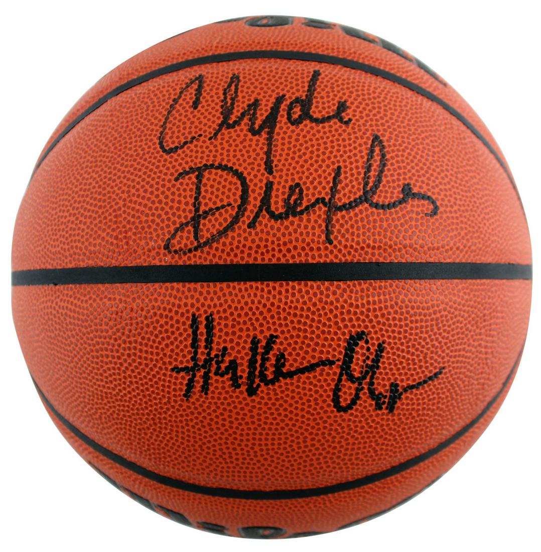 Rockets Hakeem Olajuwon & Clyde Drexler Signed Wilson NBA Basketball (JSA Witnessed) (1 of 2)