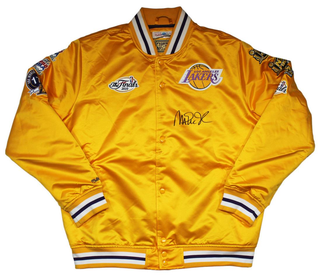 MAGIC JOHNSON SIGNED L.A LAKERS GOLD SATIN MITCHELL AND NESS JACKET W PATCHES (BECKETT COA) (1 of 3)