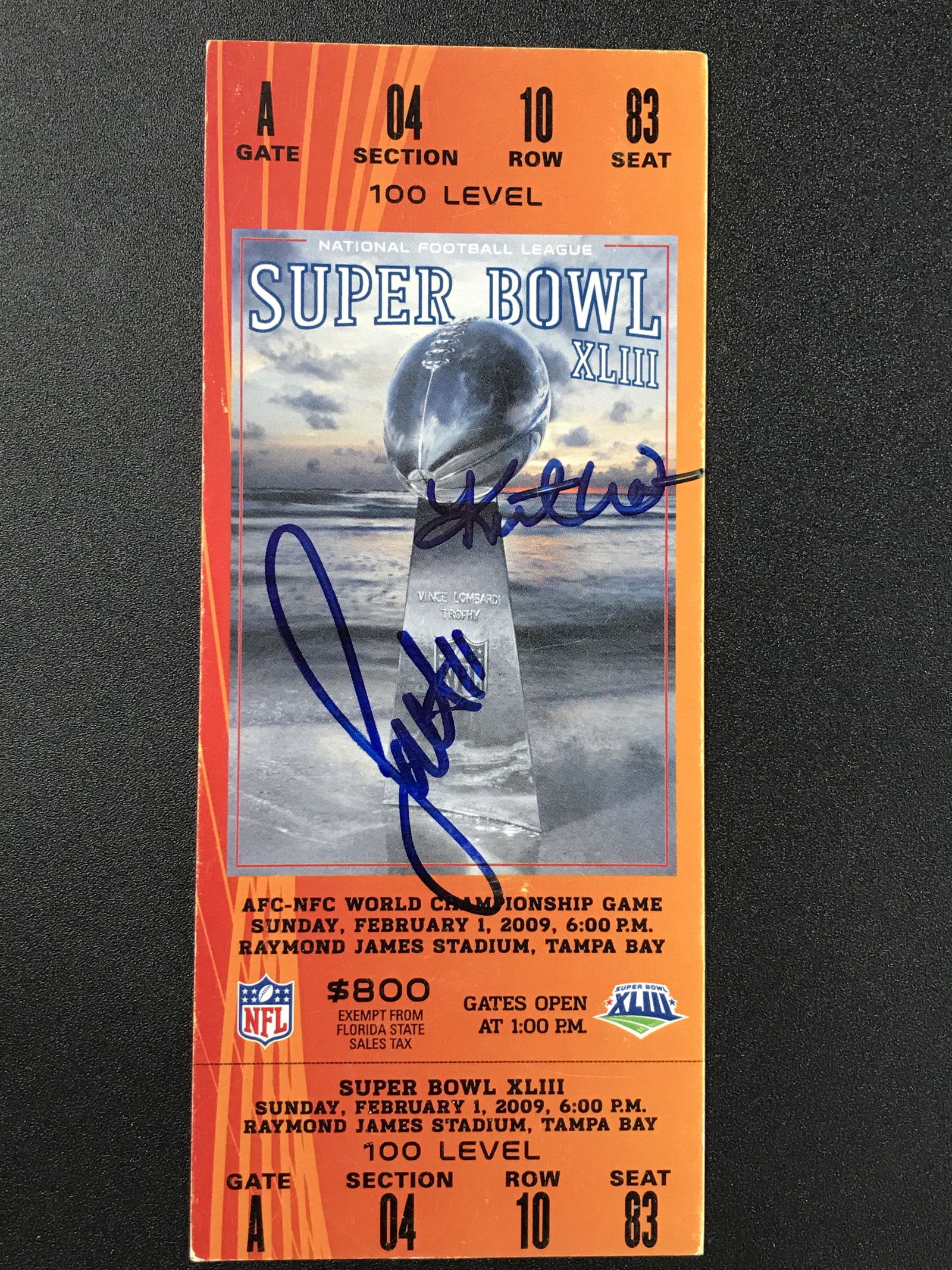 LARRY FITZGERALD AND KURT WARNER SIGNED OFFICIAL SUPERBOWL BOWL TICKET) (1 of 1)