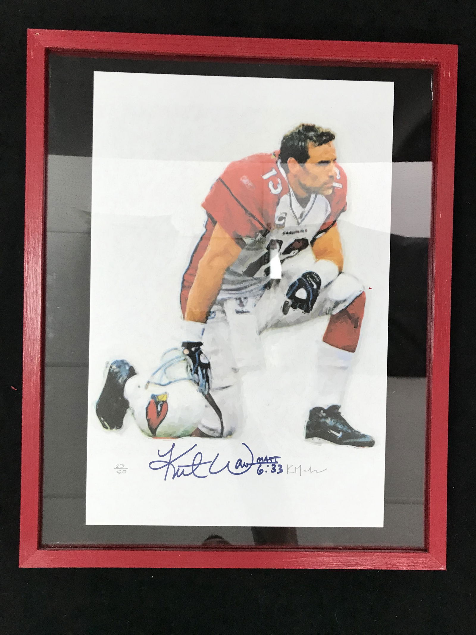 KURT WARNER SIGNED A GLASS FRAMED LTD EDITION 16 X 20 PORTRAIT (CARDINALS COA) (1 of 1)