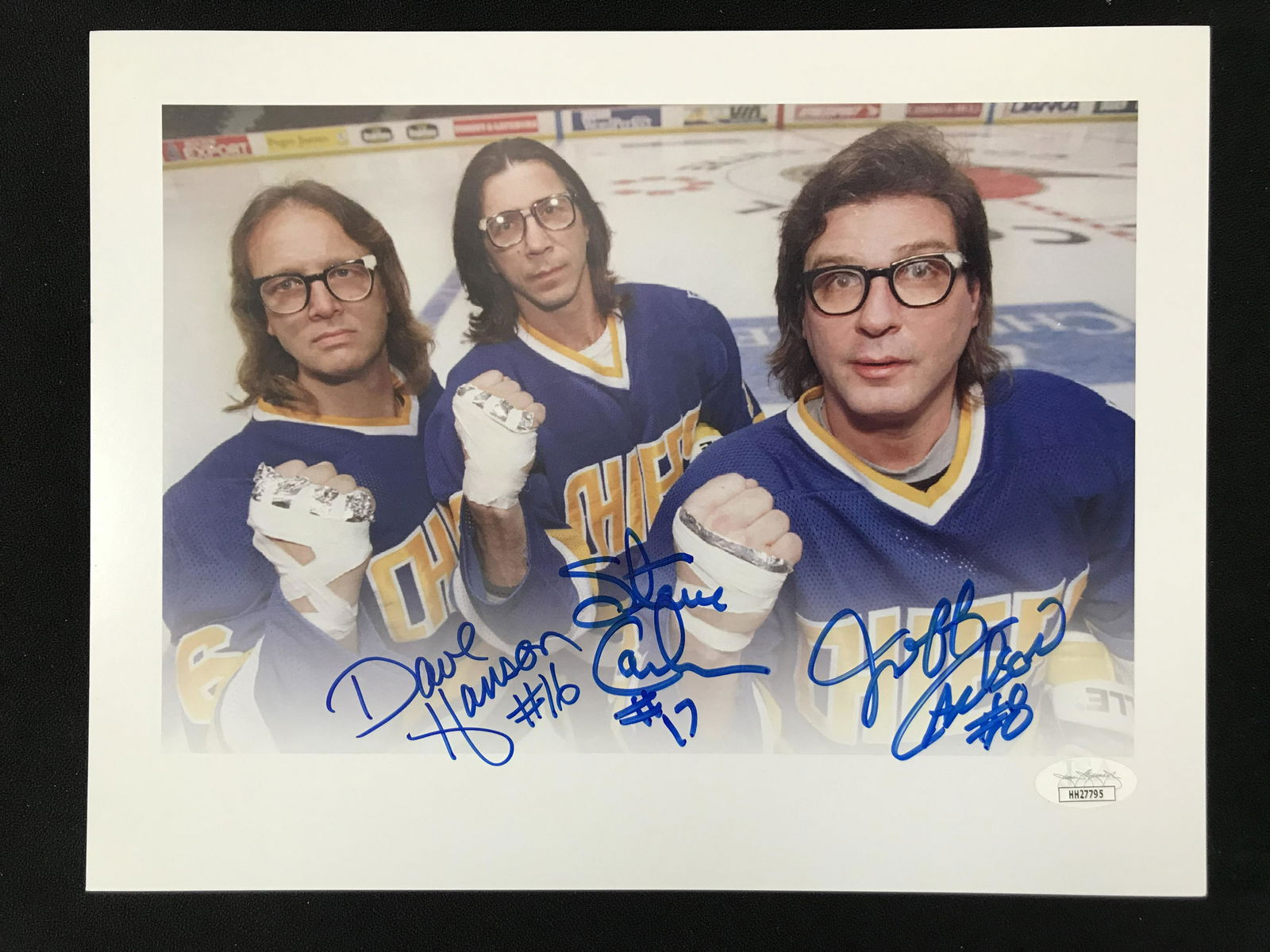 SLAPSHOT MOVIE THE HANSON BROTHERS TRIPLE SIGNED 8 X 10 (JSA COA) (1 of 1)