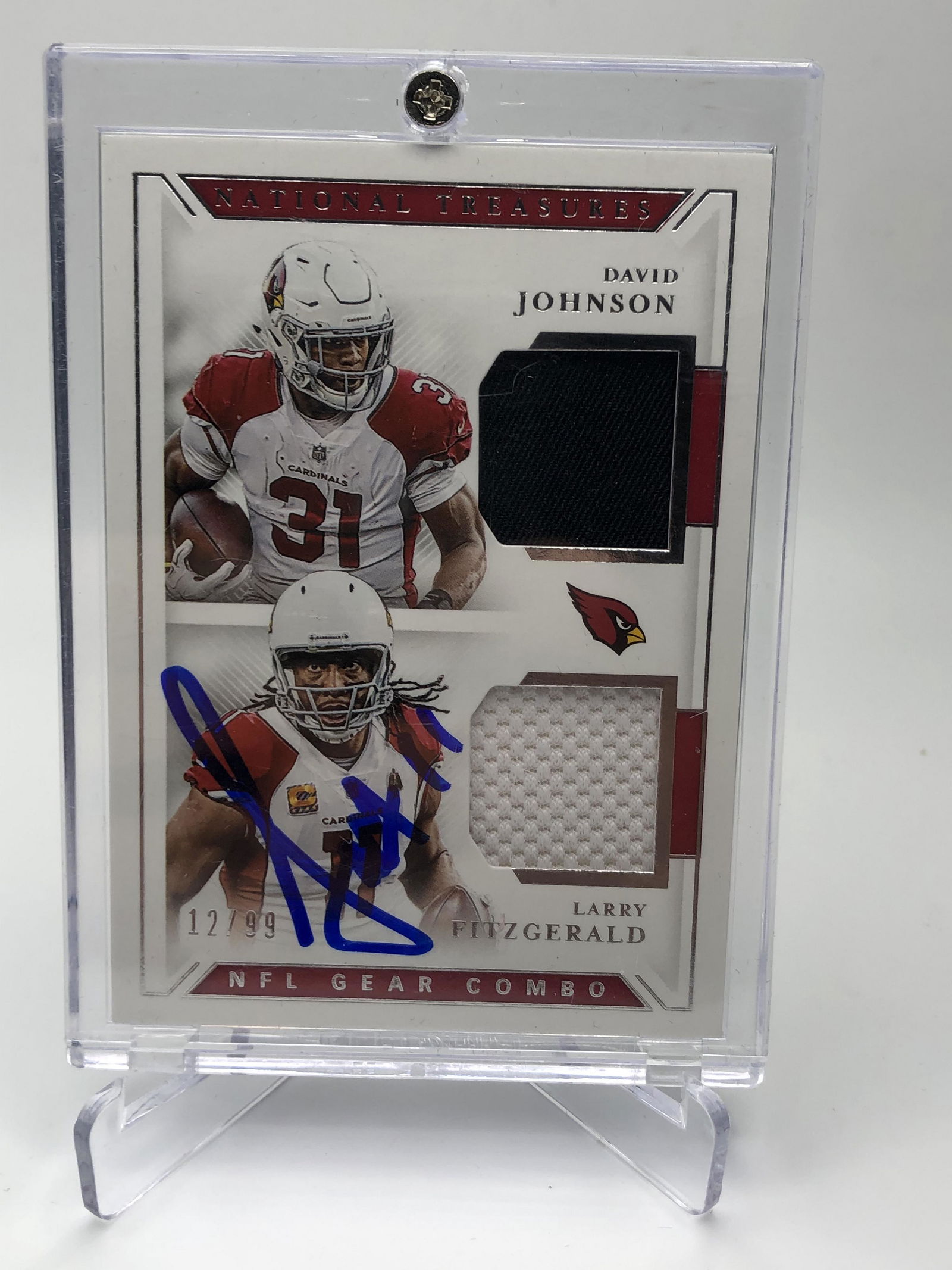 2019 NATIONAL TREASURES NFL GEAR COMBO #CM-1 LARRY FITZGERALD SIGNED + DAVID JOHNSON NUMBERED 12/99: 2019 NATIONAL TREASURES NFL GEAR COMBO #CM-1 LARRY FITZGERALD SIGNED + DAVID JOHNSON NUMBERED 12/99