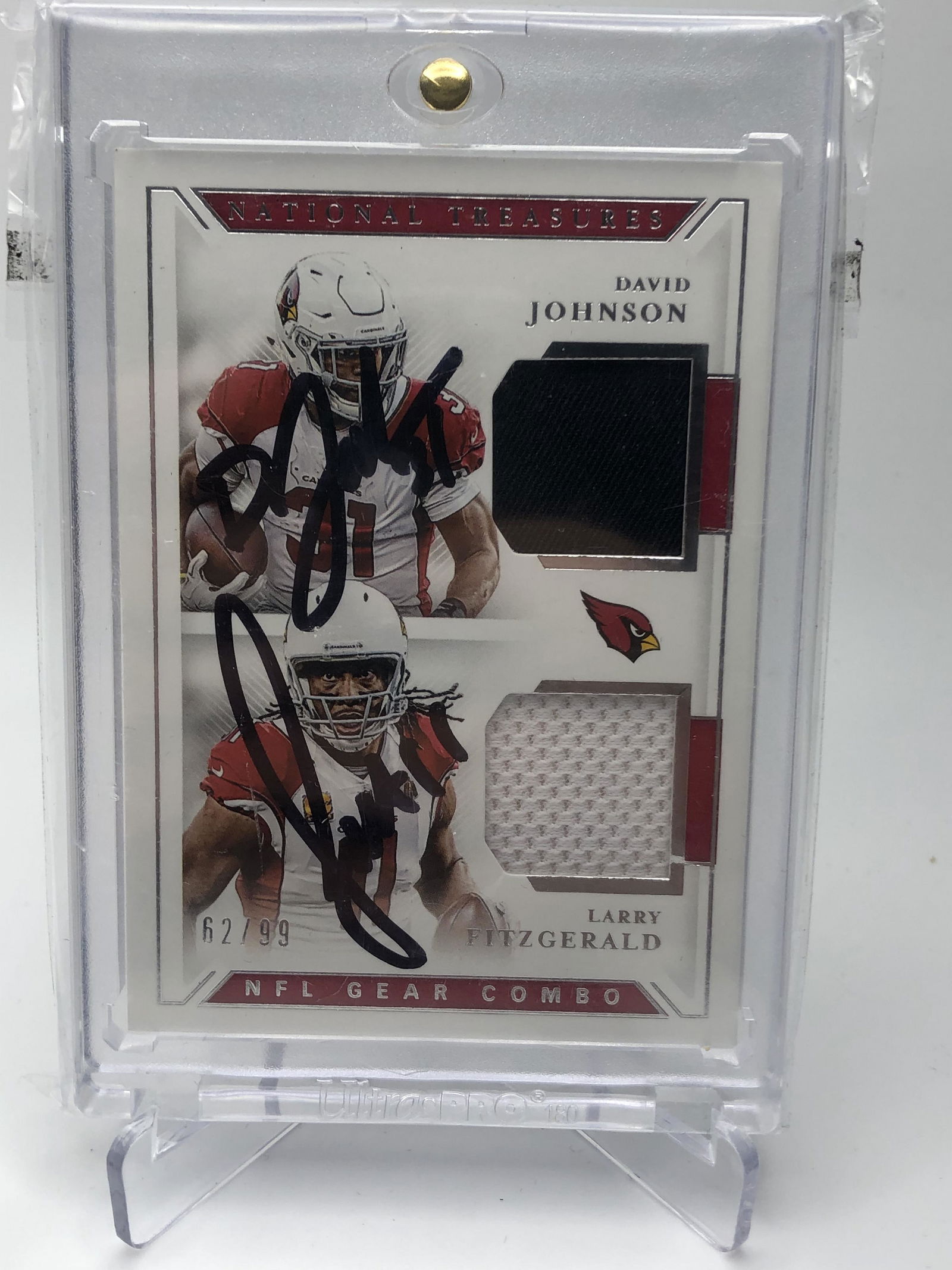 2014 PANINI NATIONAL TREASURES NFL GEAR COMBO LARRY FITZGERALD + DAVID JOHNSON SIGNED NUMBERED 62/99: 2014 PANINI NATIONAL TREASURES NFL GEAR COMBO LARRY FITZGERALD + DAVID JOHNSON SIGNED NUMBERED 62/99