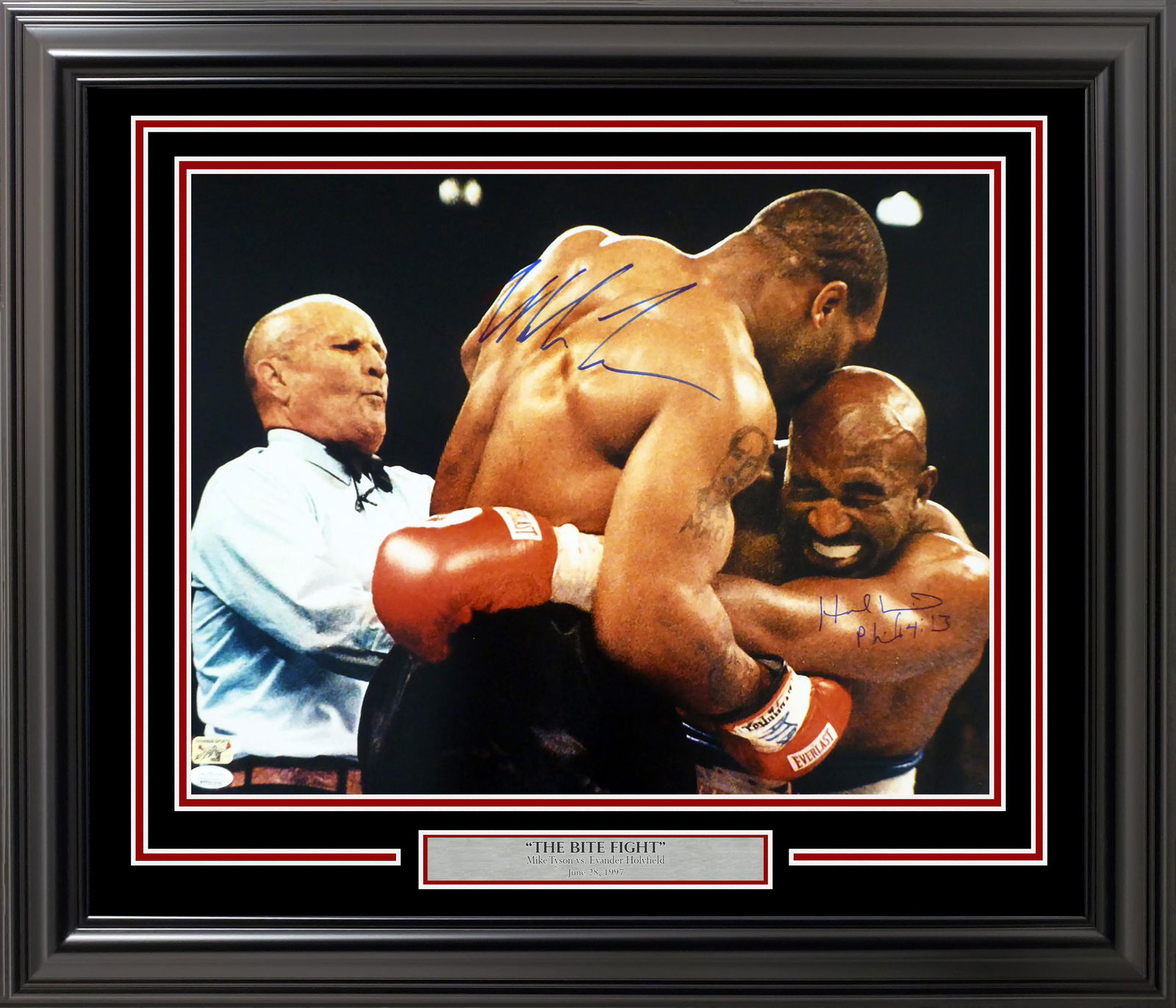 MIKE TYSON & EVANDER HOLYFIELD AUTOGRAPHED FRAMED 16X20 PHOTO BITE FIGHT JSA (1 of 2)
